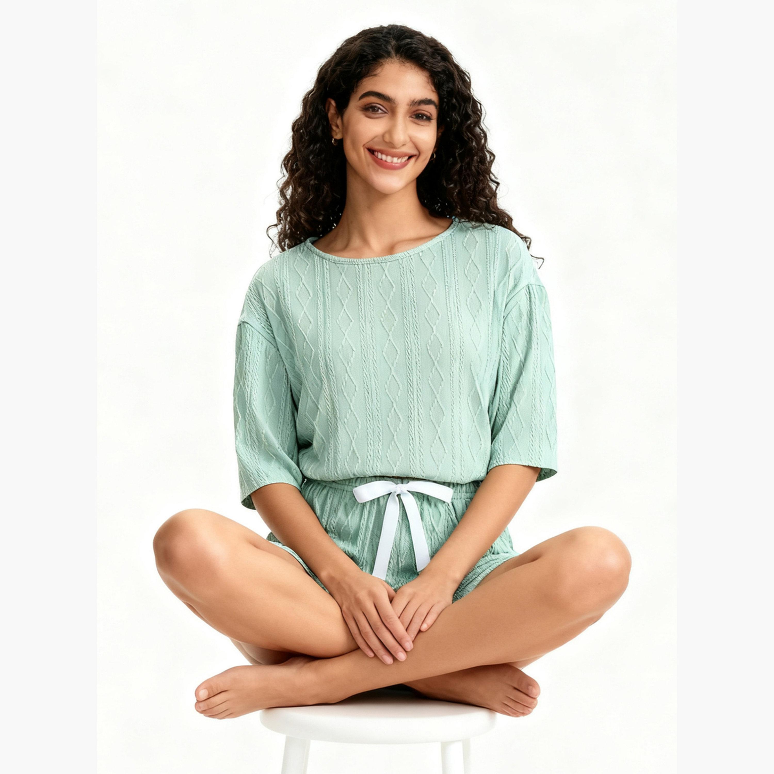 Take Two Women Green Textured Top and Shorts Pyjama Set-women-clothing-nightwear-pyjamas-longsets-image-3
