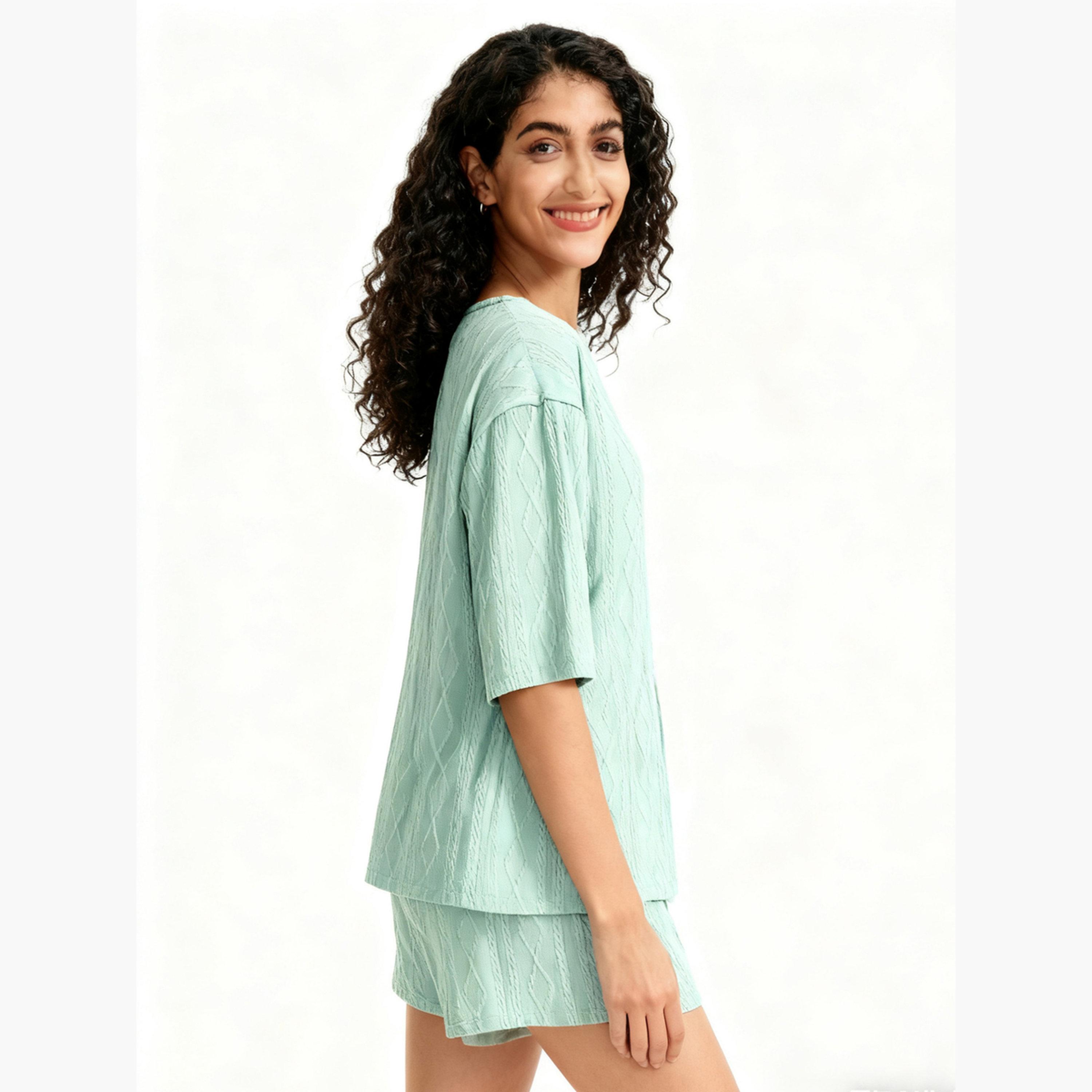 Take Two Women Green Textured Top and Shorts Pyjama Set-women-clothing-nightwear-pyjamas-longsets-image-4