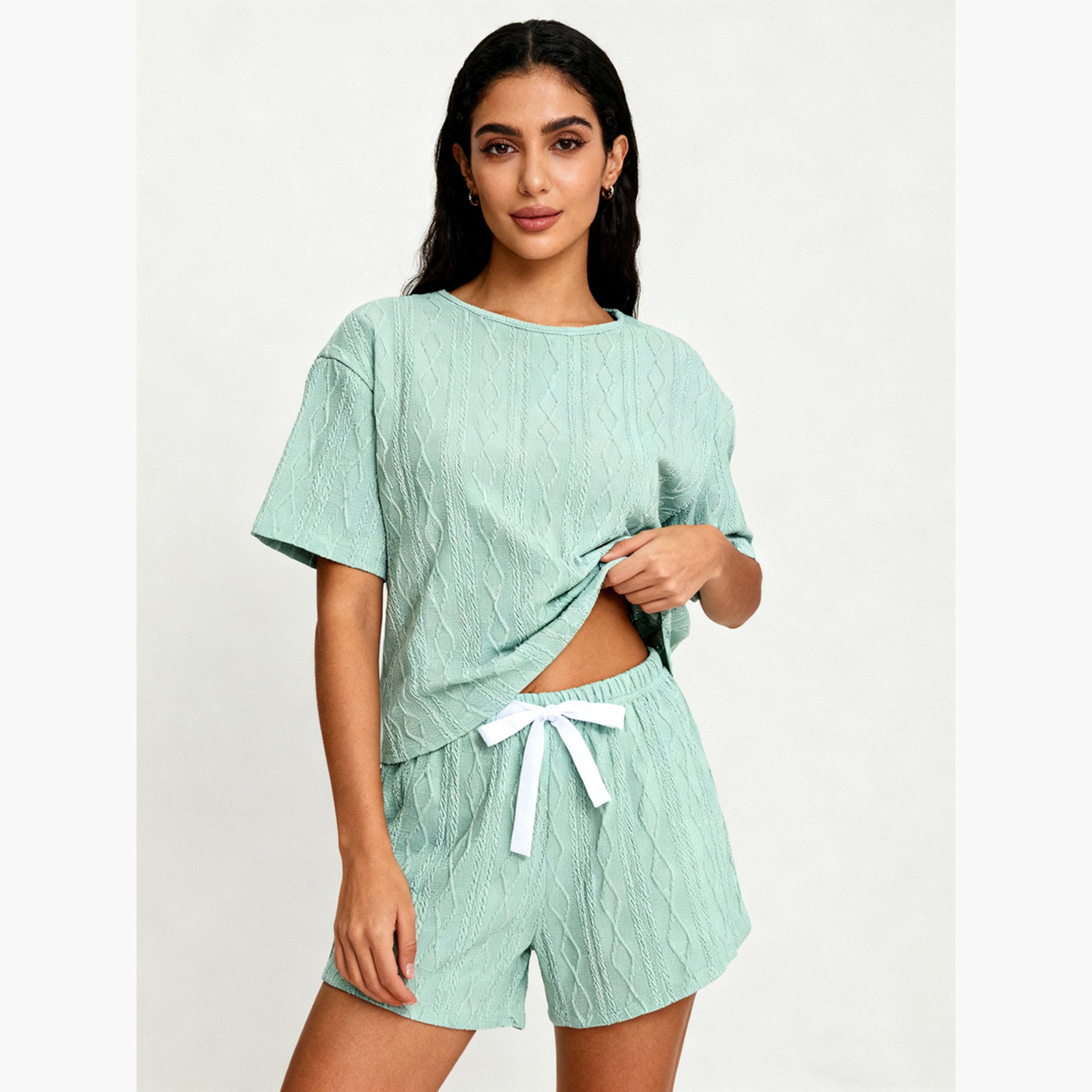 Take Two Women Green Textured Top and Shorts Pyjama Set-women-clothing-nightwear-pyjamas-longsets-image-5