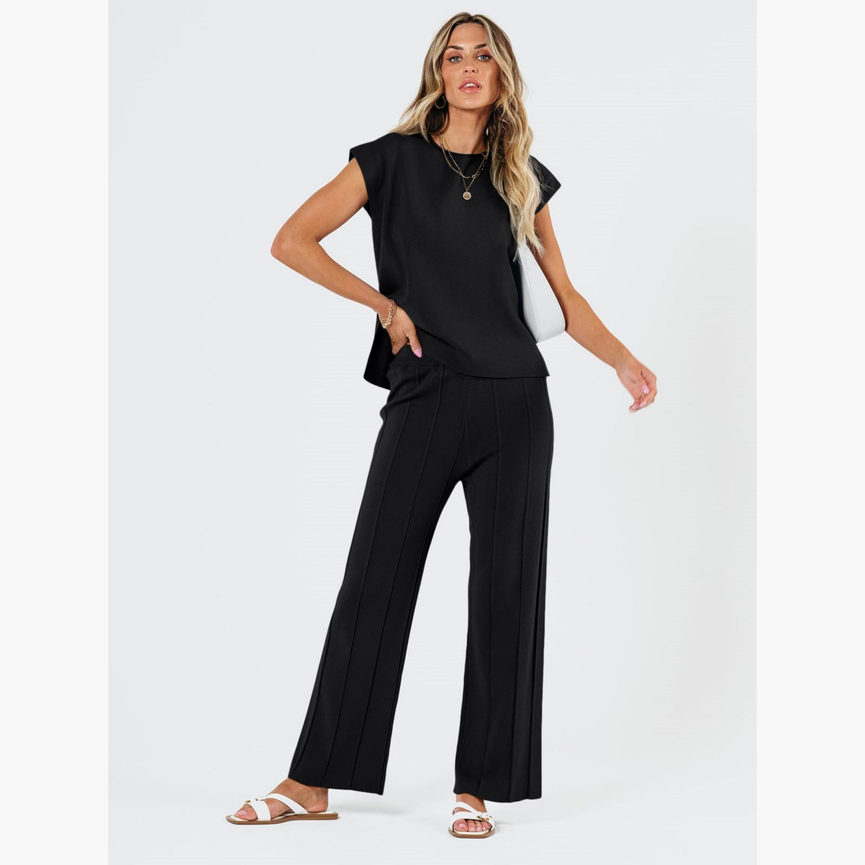 طقم بلوزة بلا أكمام وبنطال بأرجل واسعة أسود للنساء-women-clothing-coordsets-image-1