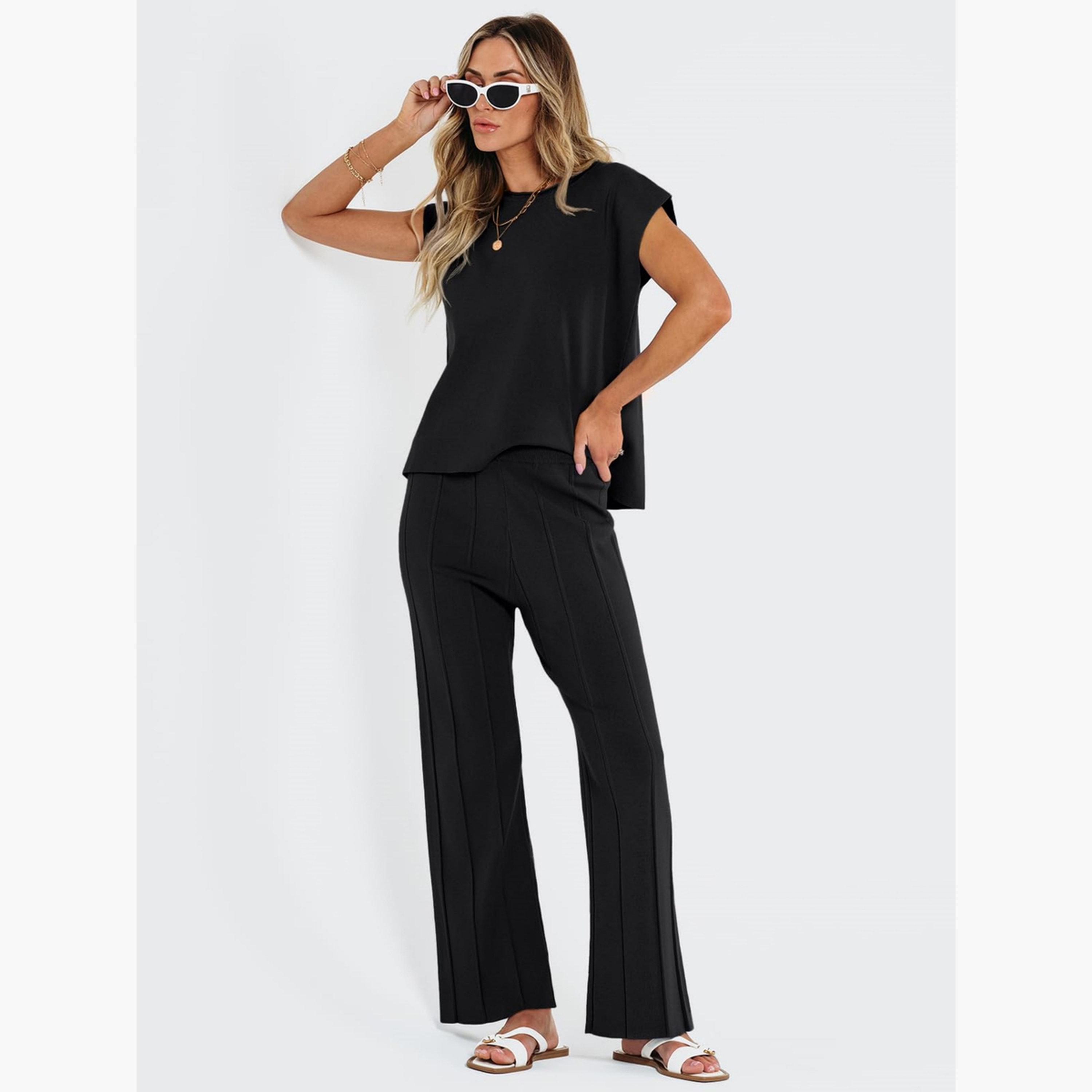طقم بلوزة بلا أكمام وبنطال بأرجل واسعة أسود للنساء-women-clothing-coordsets-image-2