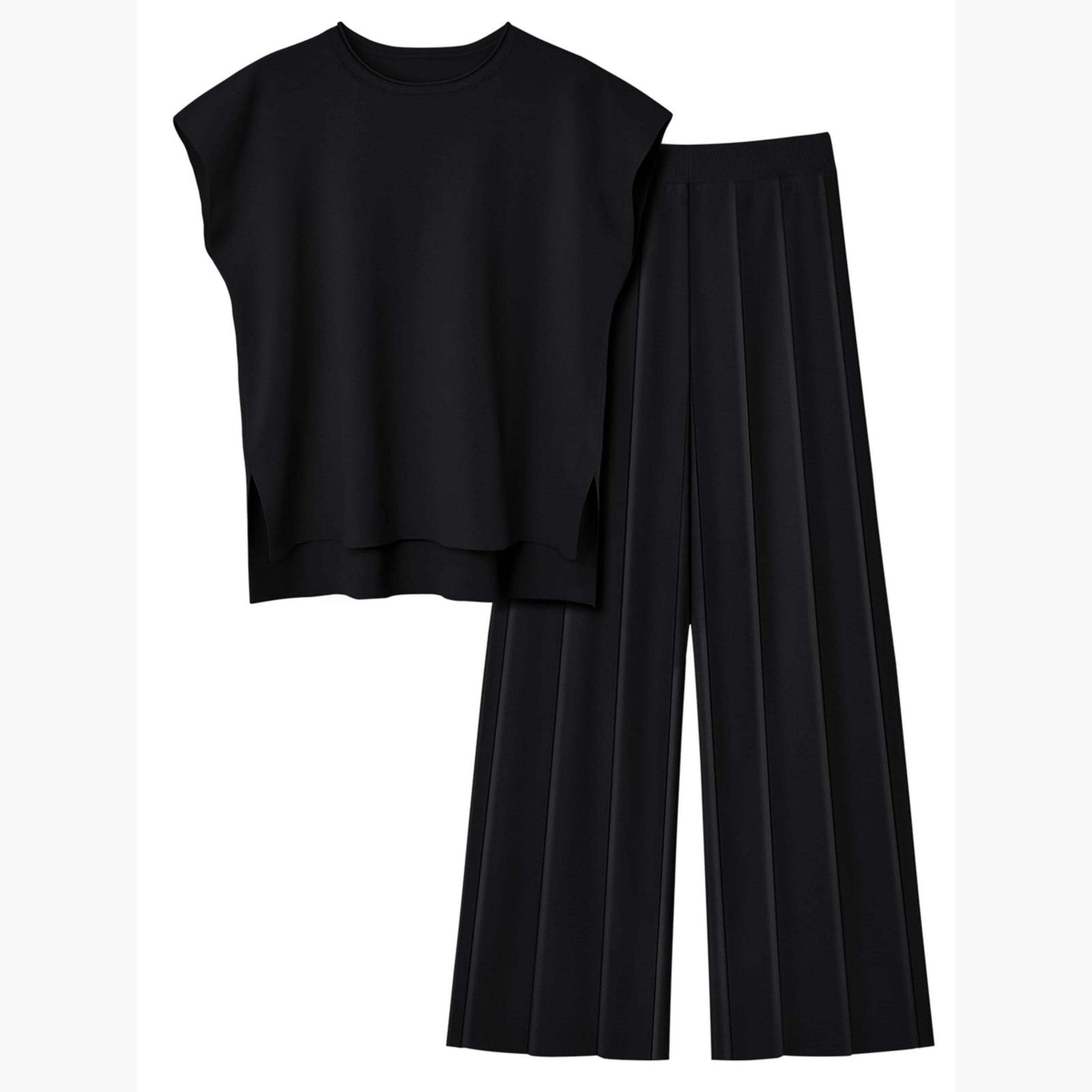 طقم بلوزة بلا أكمام وبنطال بأرجل واسعة أسود للنساء-women-clothing-coordsets-image-3