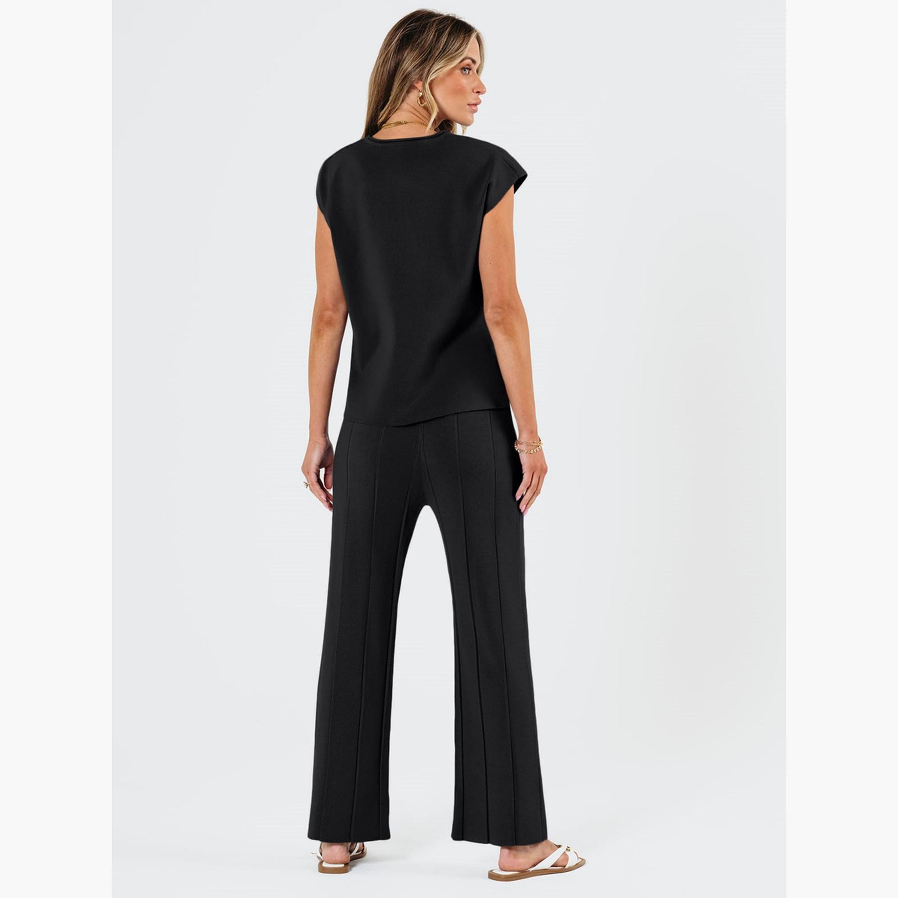 طقم بلوزة بلا أكمام وبنطال بأرجل واسعة أسود للنساء-women-clothing-coordsets-image-4