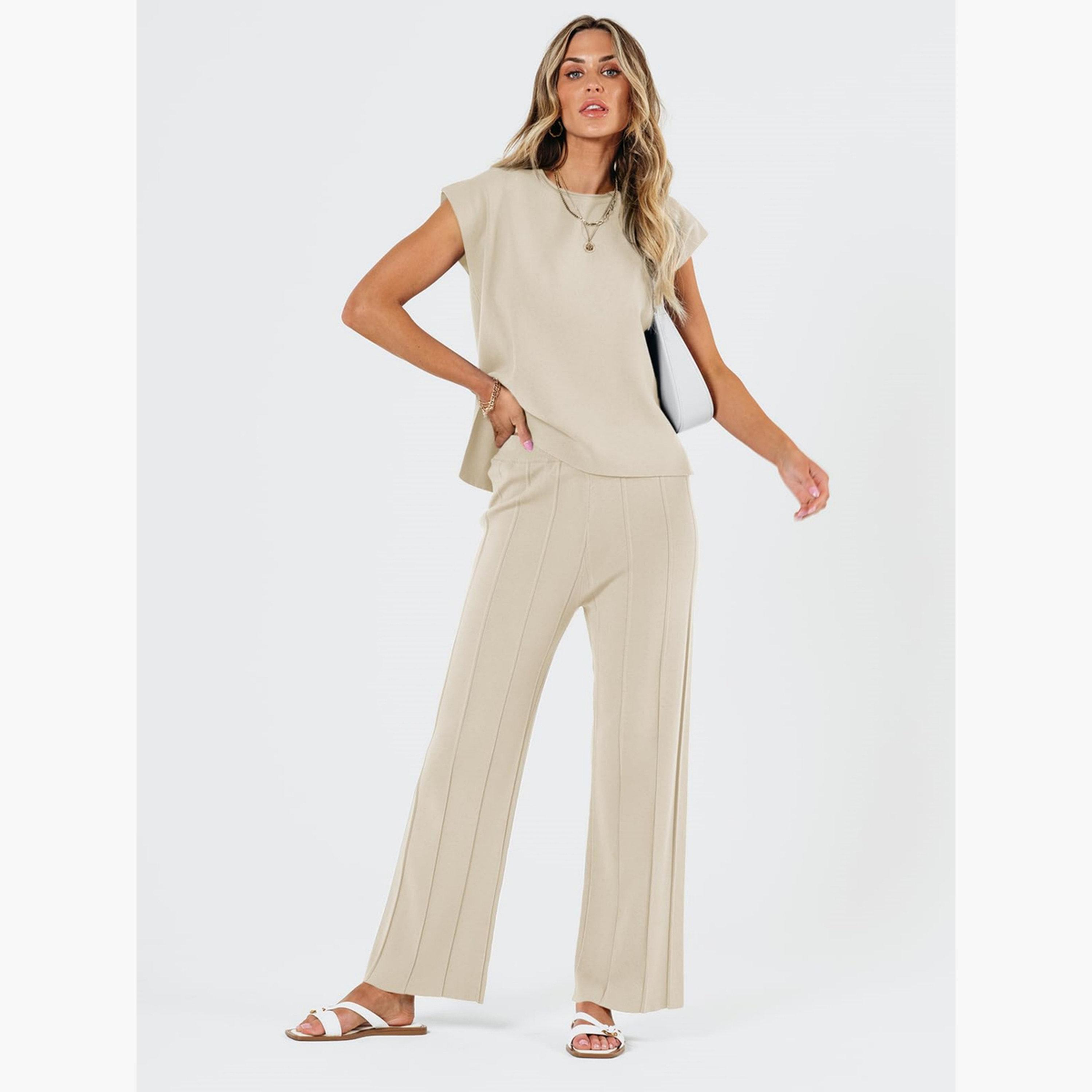 طقم بلوزة بلا أكمام وبنطال بأرجل واسعة بيج للنساء-women-clothing-coordsets-image-1