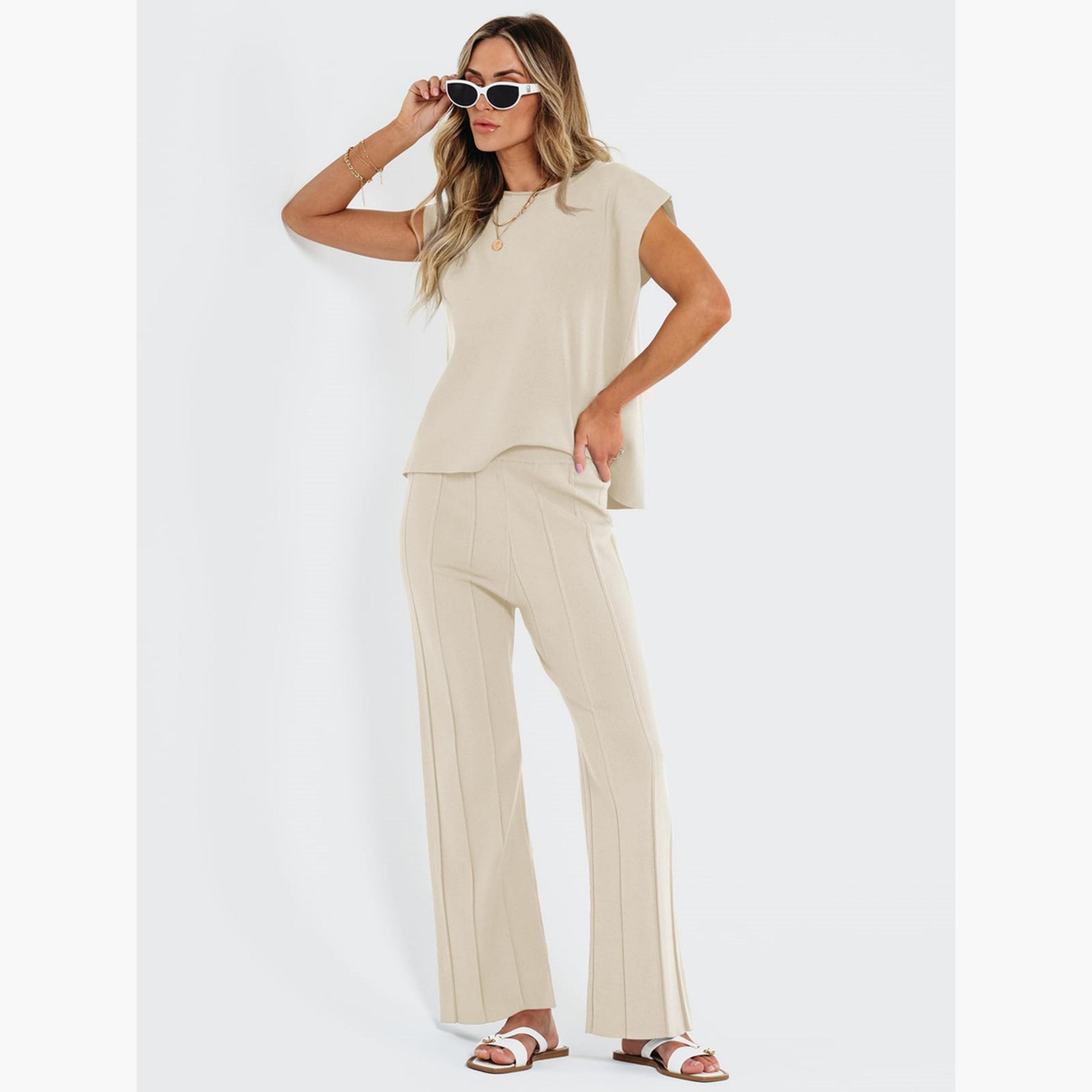 طقم بلوزة بلا أكمام وبنطال بأرجل واسعة بيج للنساء-women-clothing-coordsets-image-2