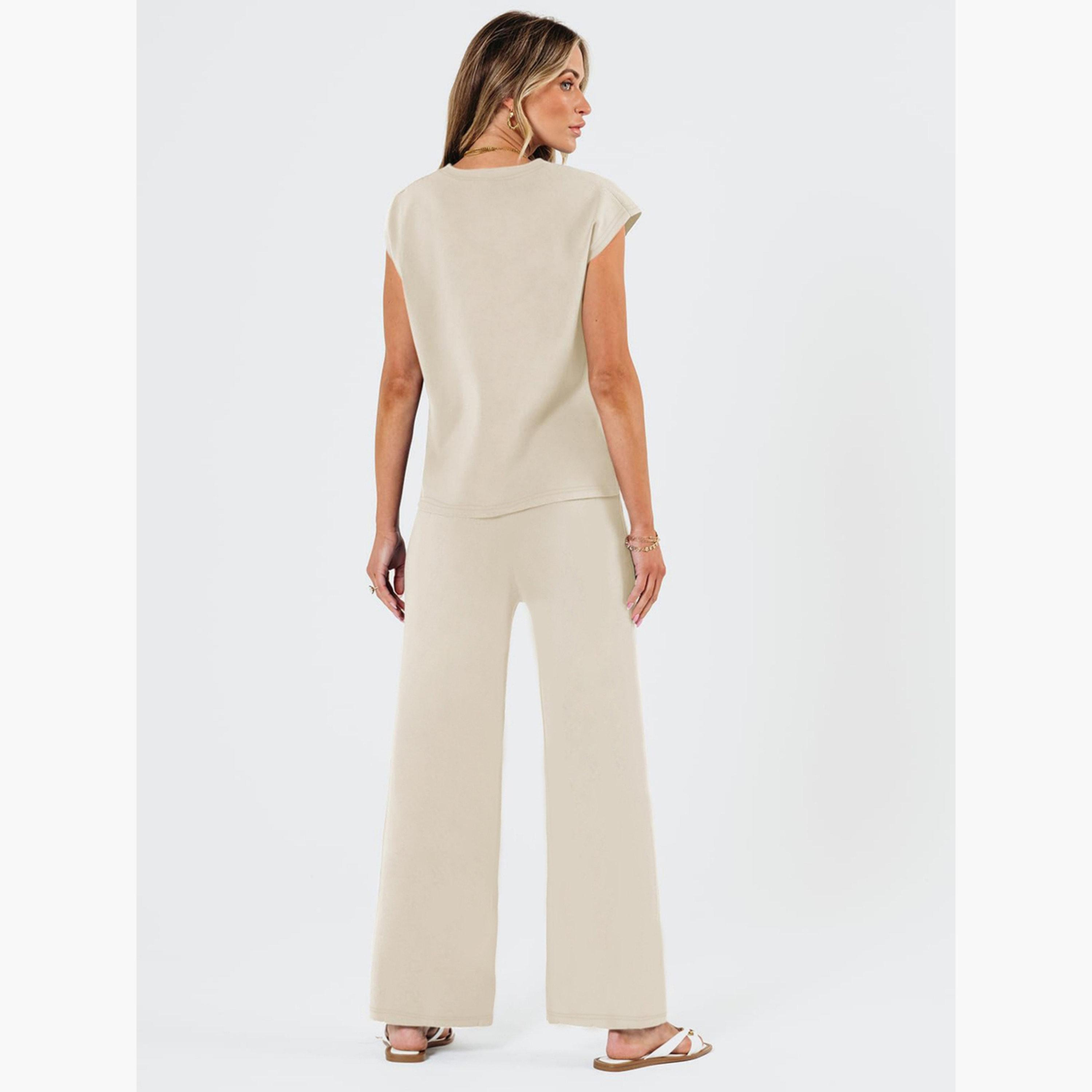 طقم بلوزة بلا أكمام وبنطال بأرجل واسعة بيج للنساء-women-clothing-coordsets-image-4