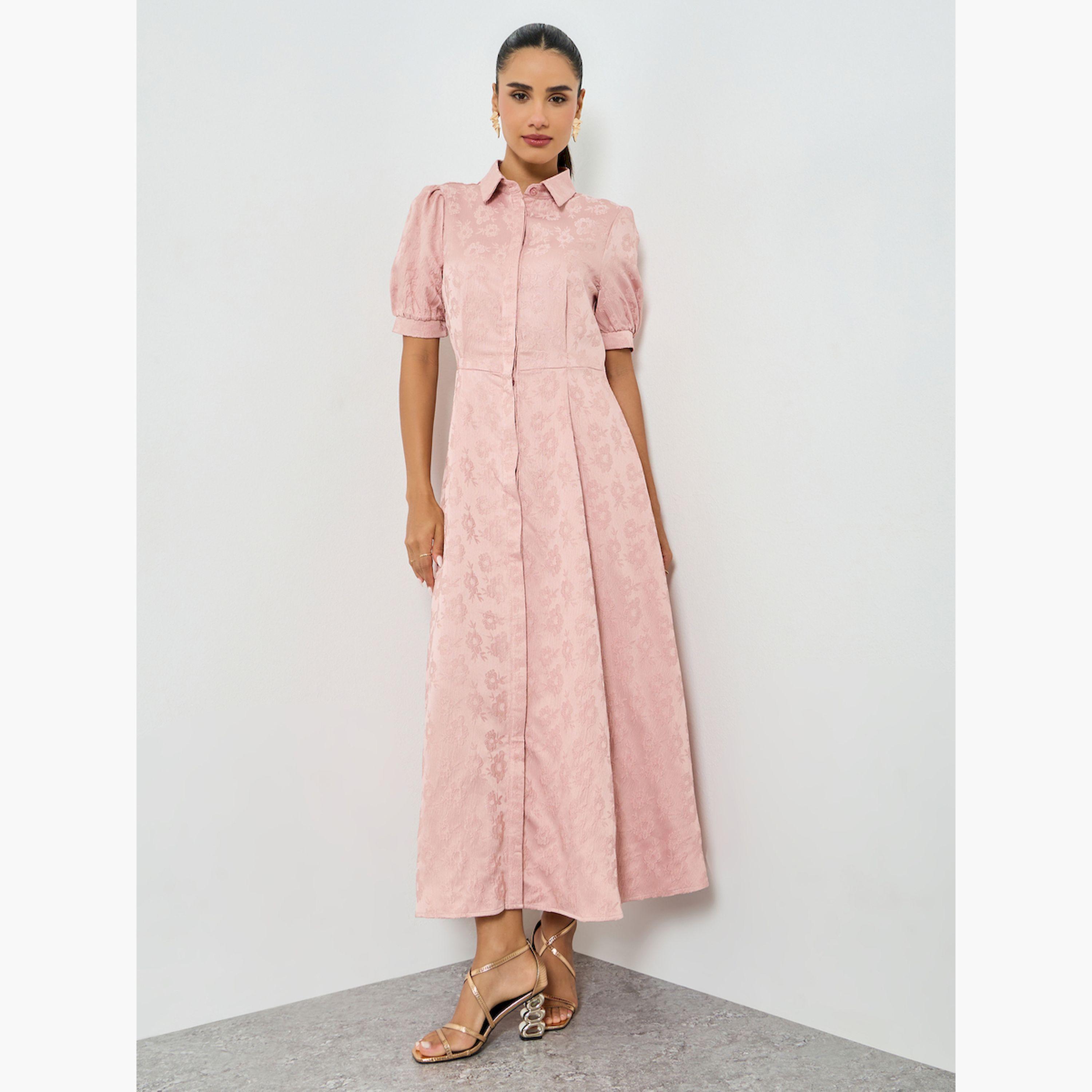 فستان طويل بنمط قميص وأكمام منفوخة-women-clothing-dresses-image-1