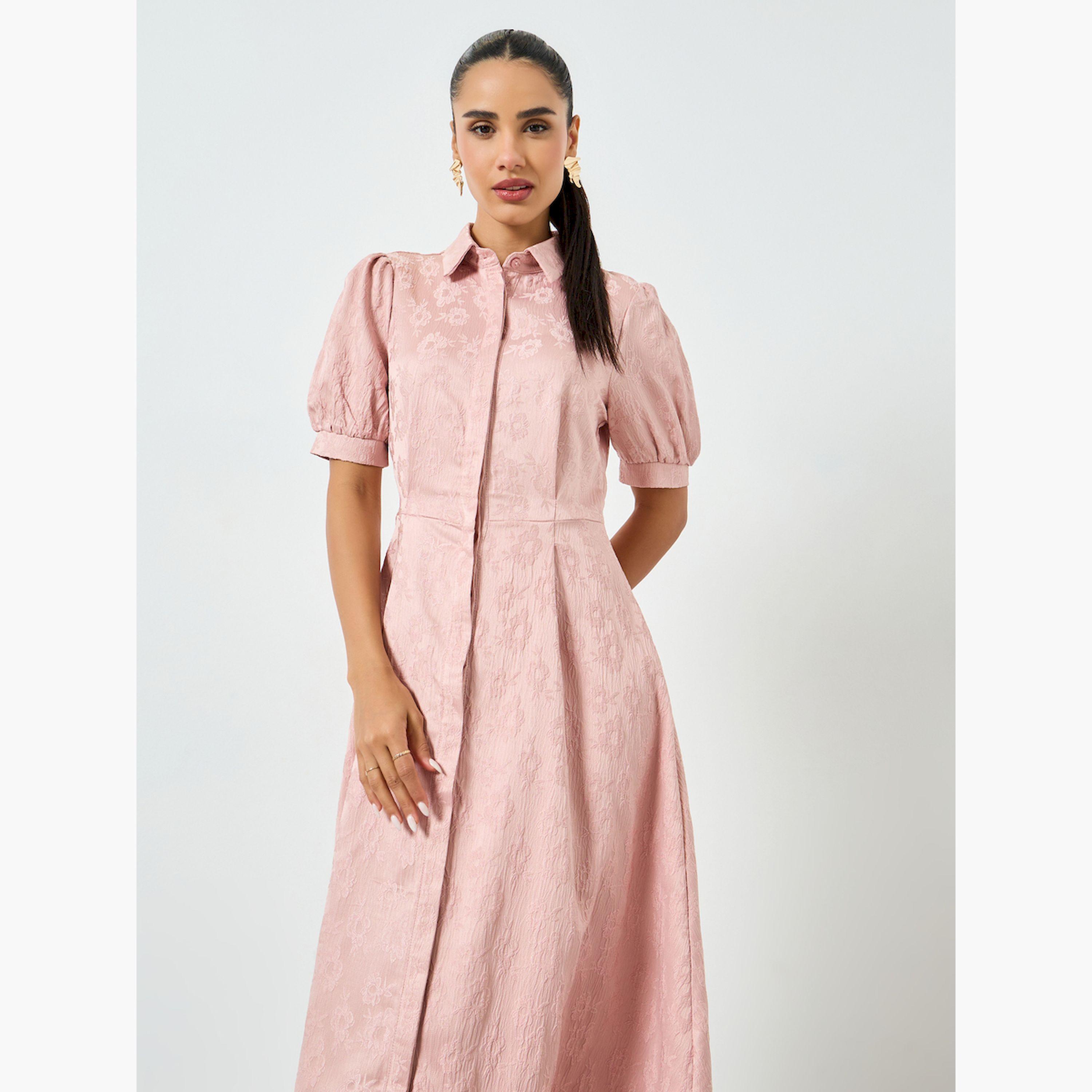 فستان طويل بنمط قميص وأكمام منفوخة-women-clothing-dresses-image-2