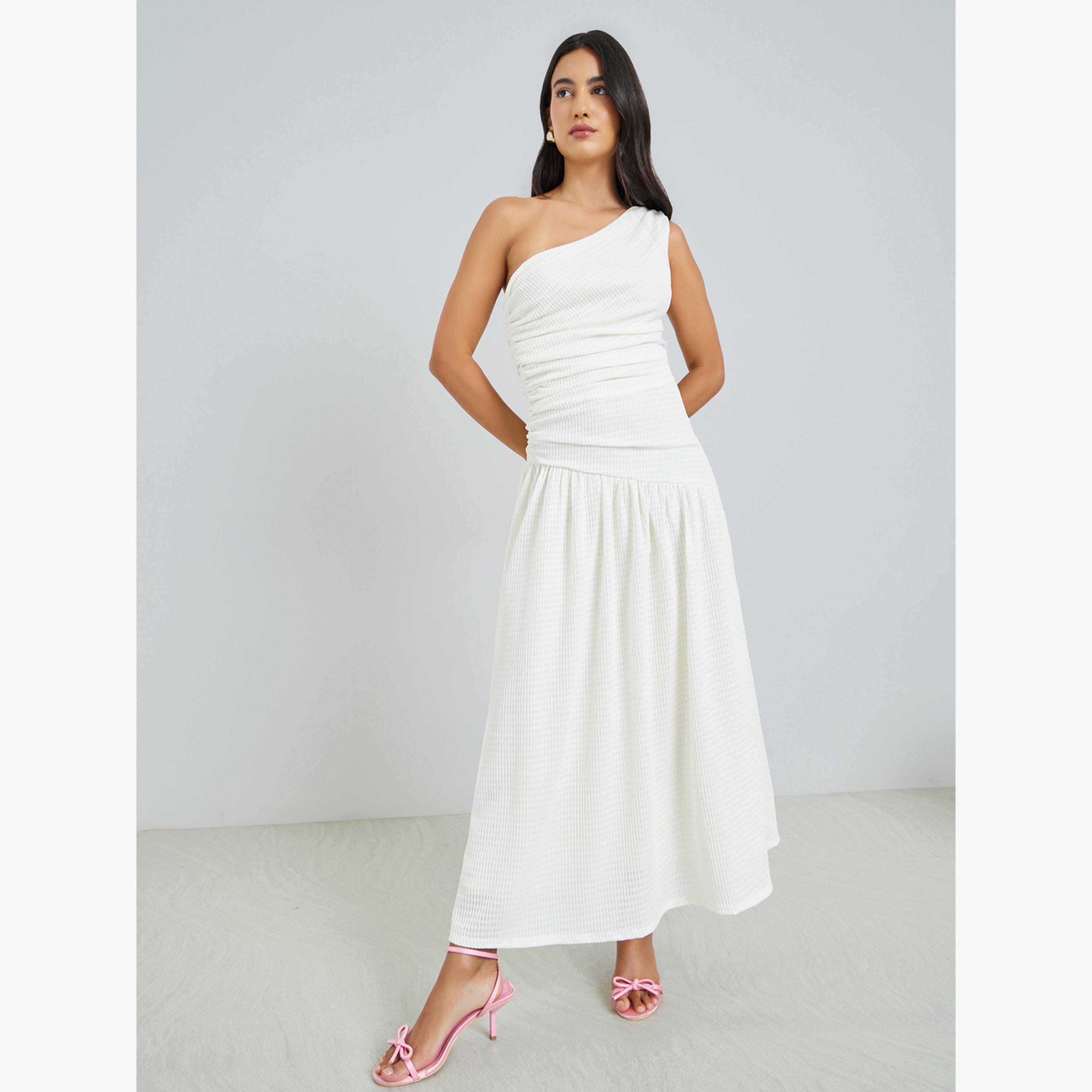 Styli Off-White Ruched One Shoulder A-Line Maxi Dress-women-clothing-dresses-image-1