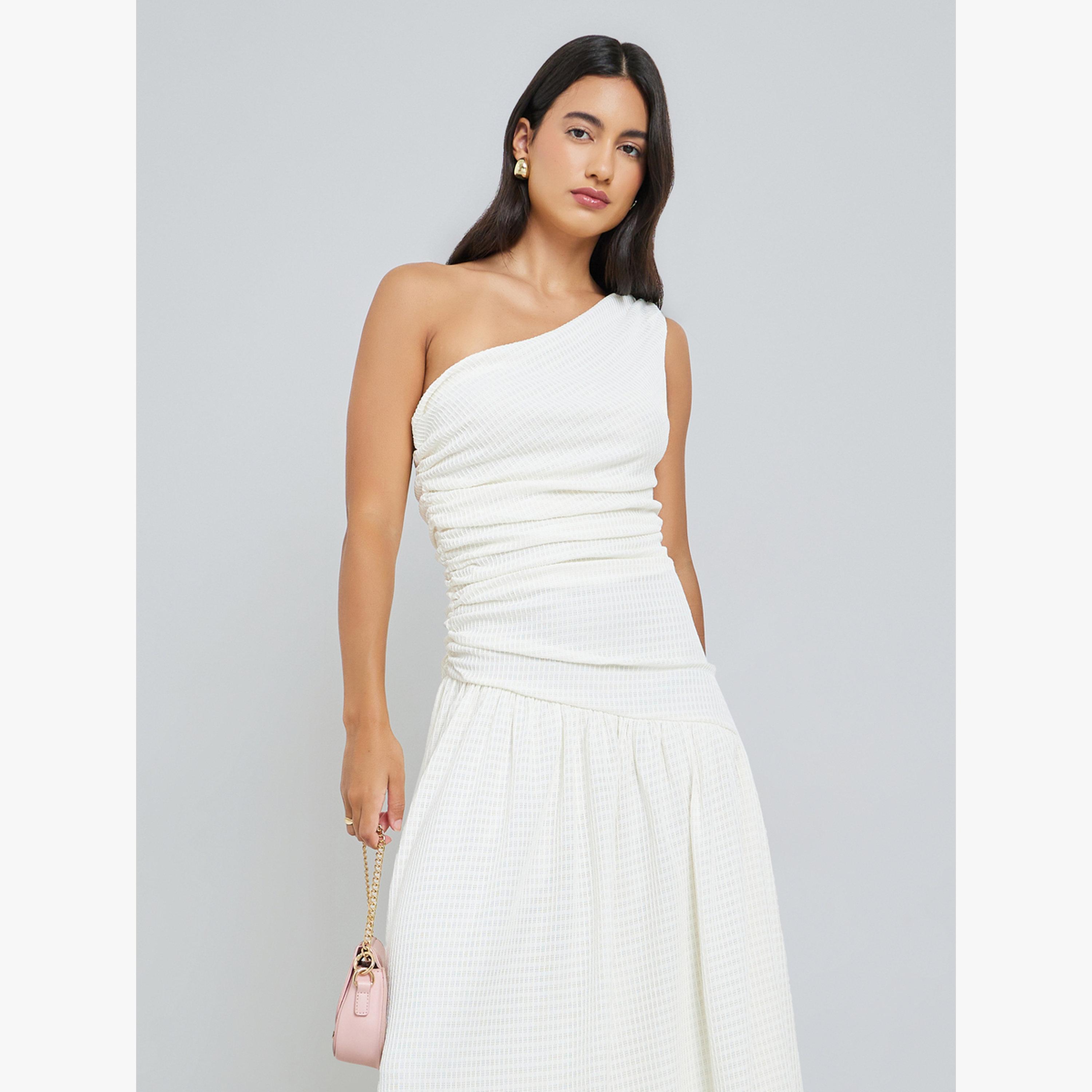 Styli Off-White Ruched One Shoulder A-Line Maxi Dress-women-clothing-dresses-image-2