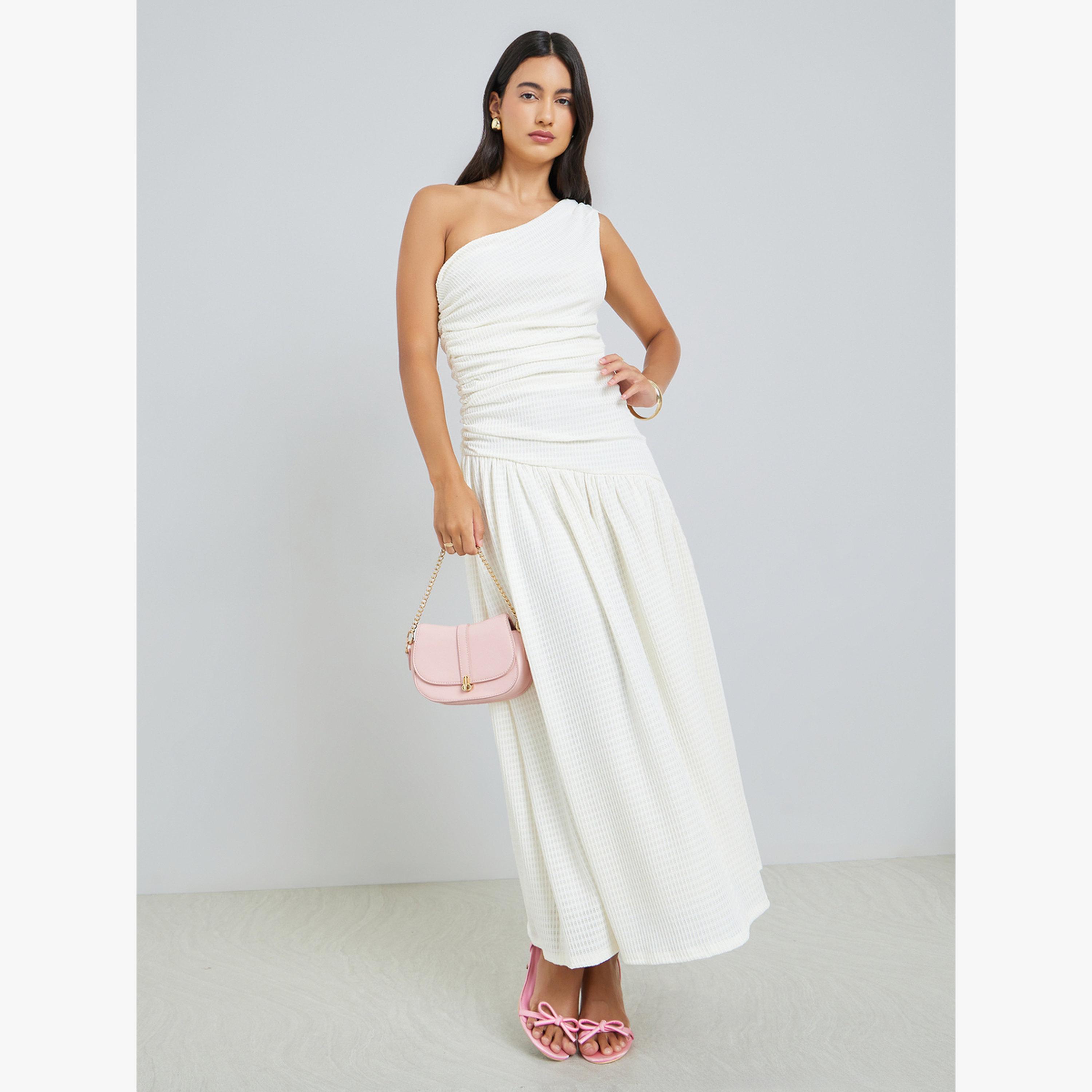 Styli Off-White Ruched One Shoulder A-Line Maxi Dress-women-clothing-dresses-image-3
