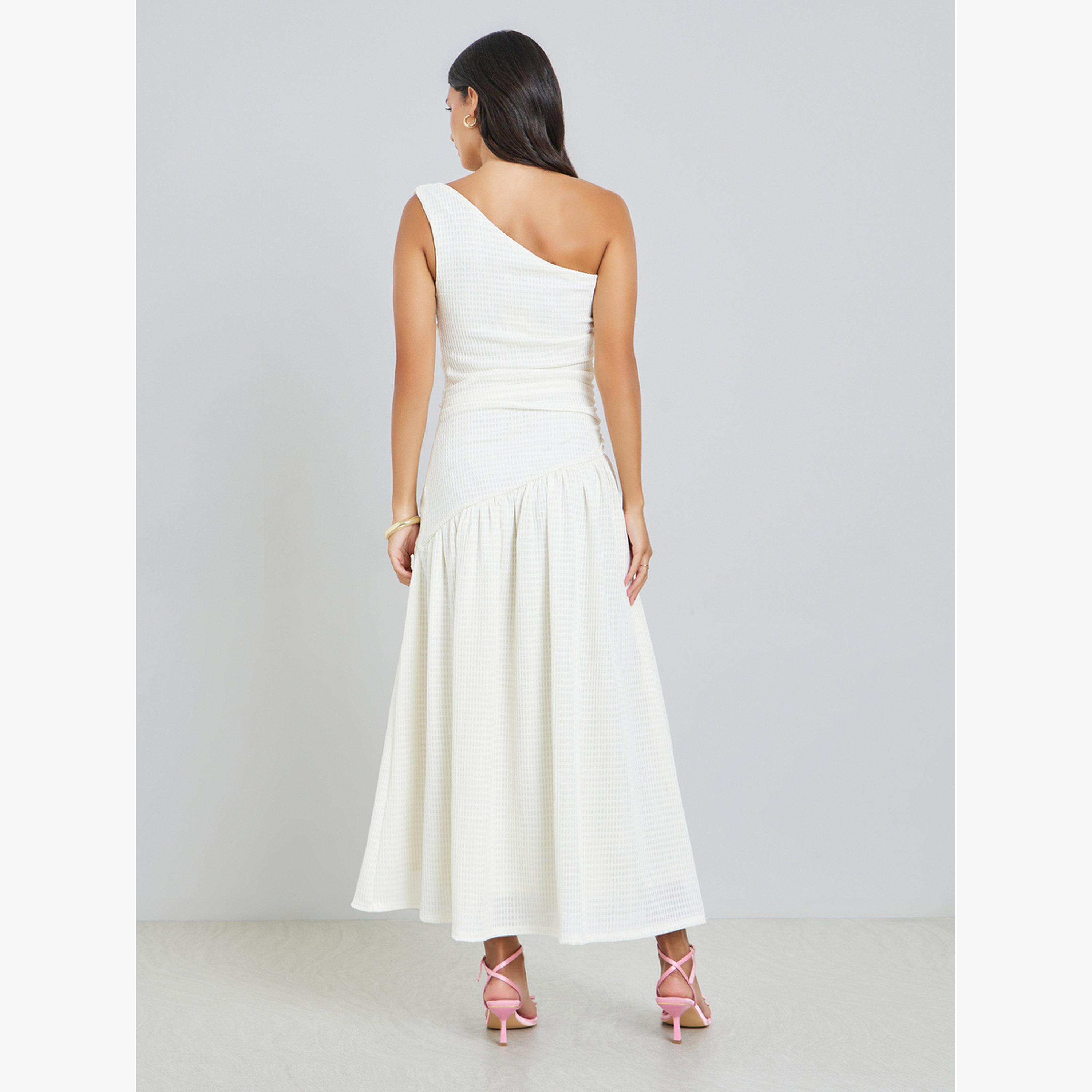 Styli Off-White Ruched One Shoulder A-Line Maxi Dress-women-clothing-dresses-image-4