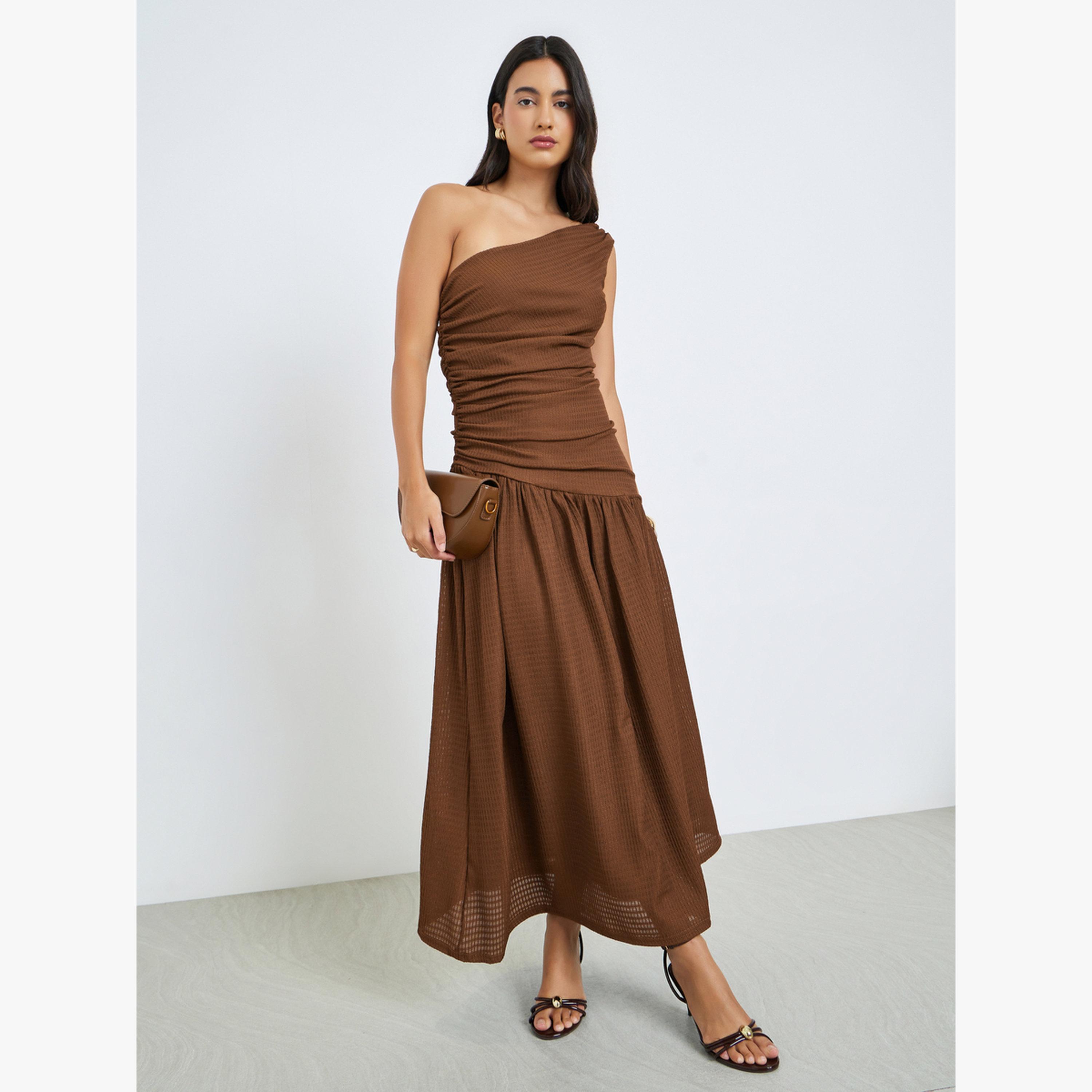 Styli Brown Ruched One Shoulder A-Line Maxi Dress-women-clothing-dresses-image-1