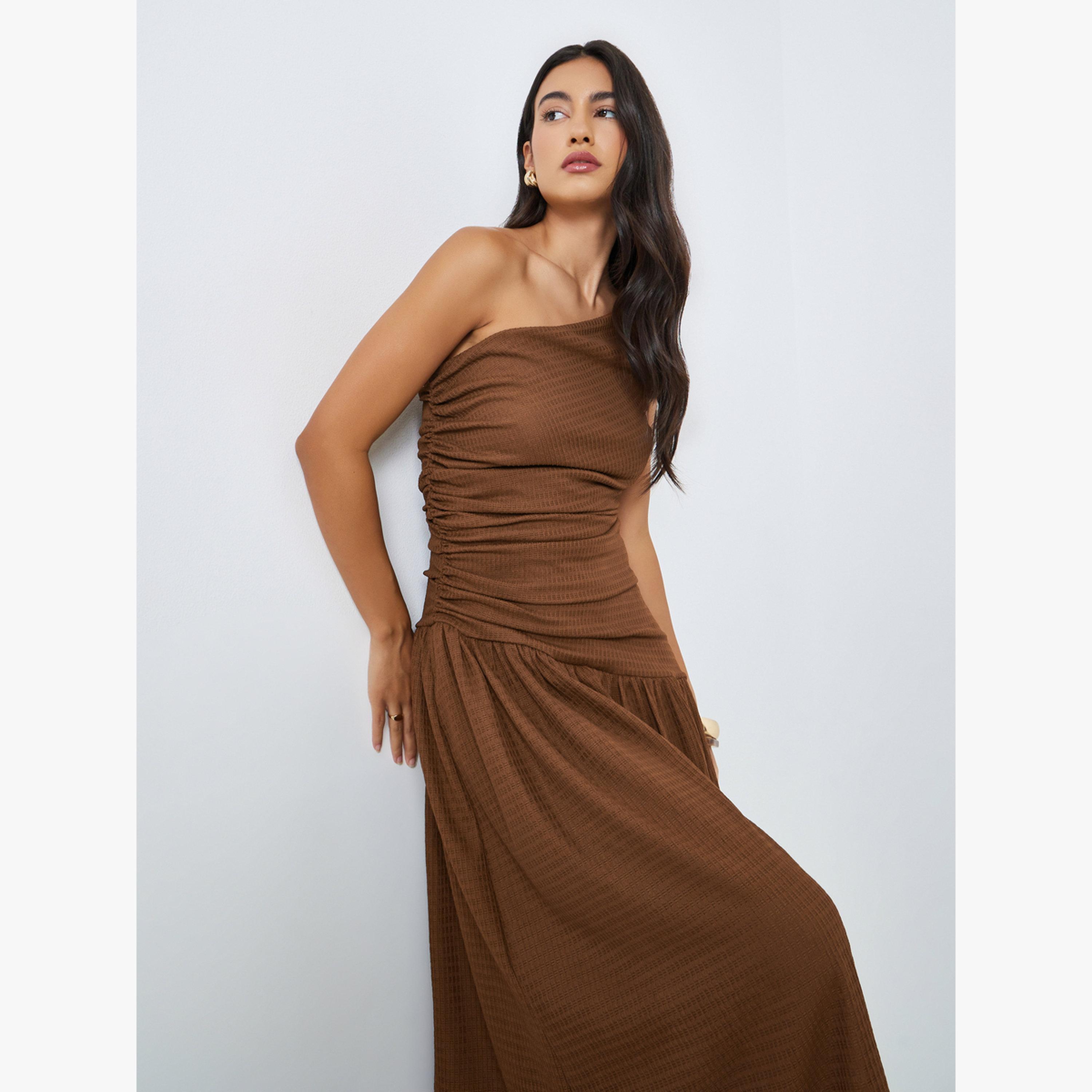 Styli Brown Ruched One Shoulder A-Line Maxi Dress-women-clothing-dresses-image-2