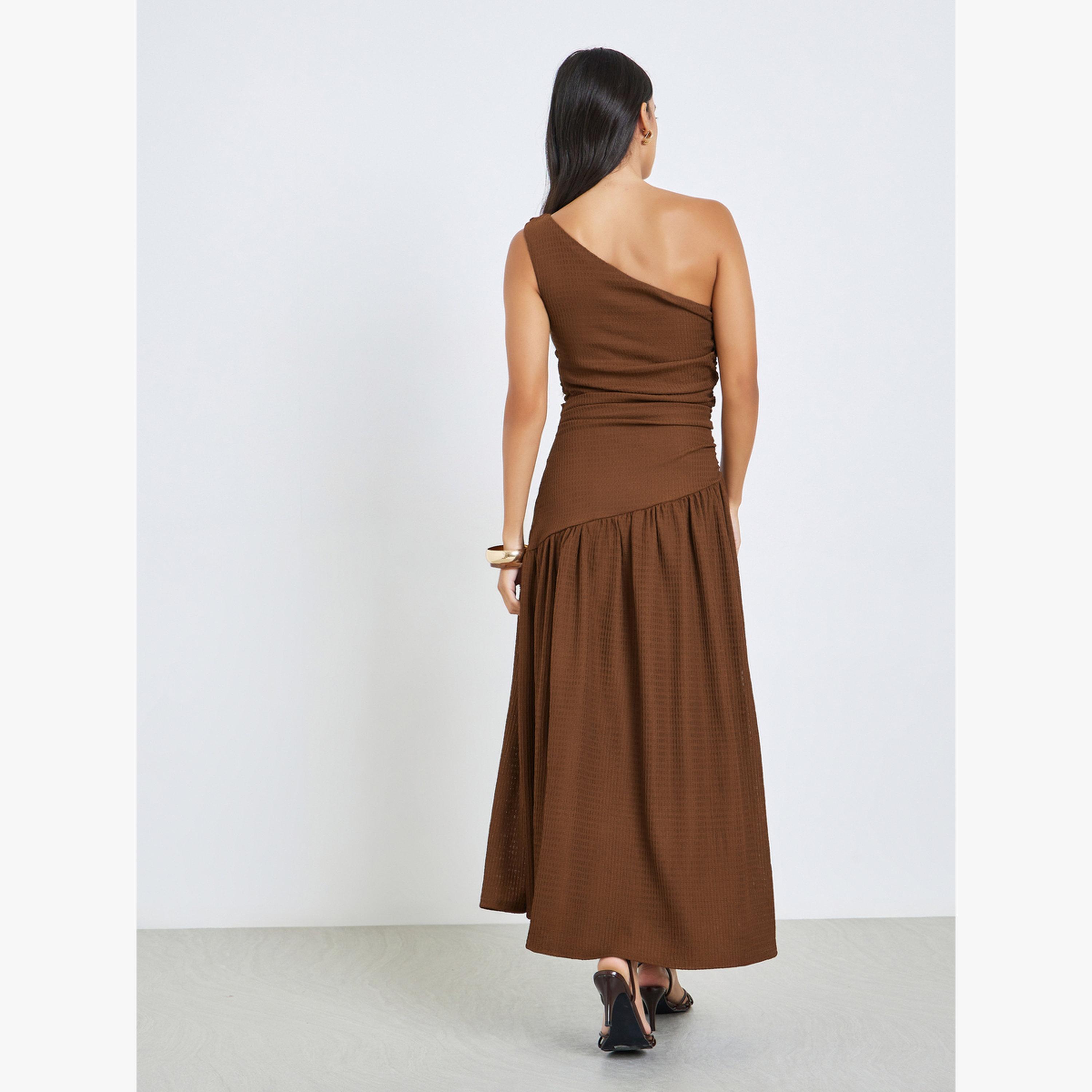 Styli Brown Ruched One Shoulder A-Line Maxi Dress-women-clothing-dresses-image-4