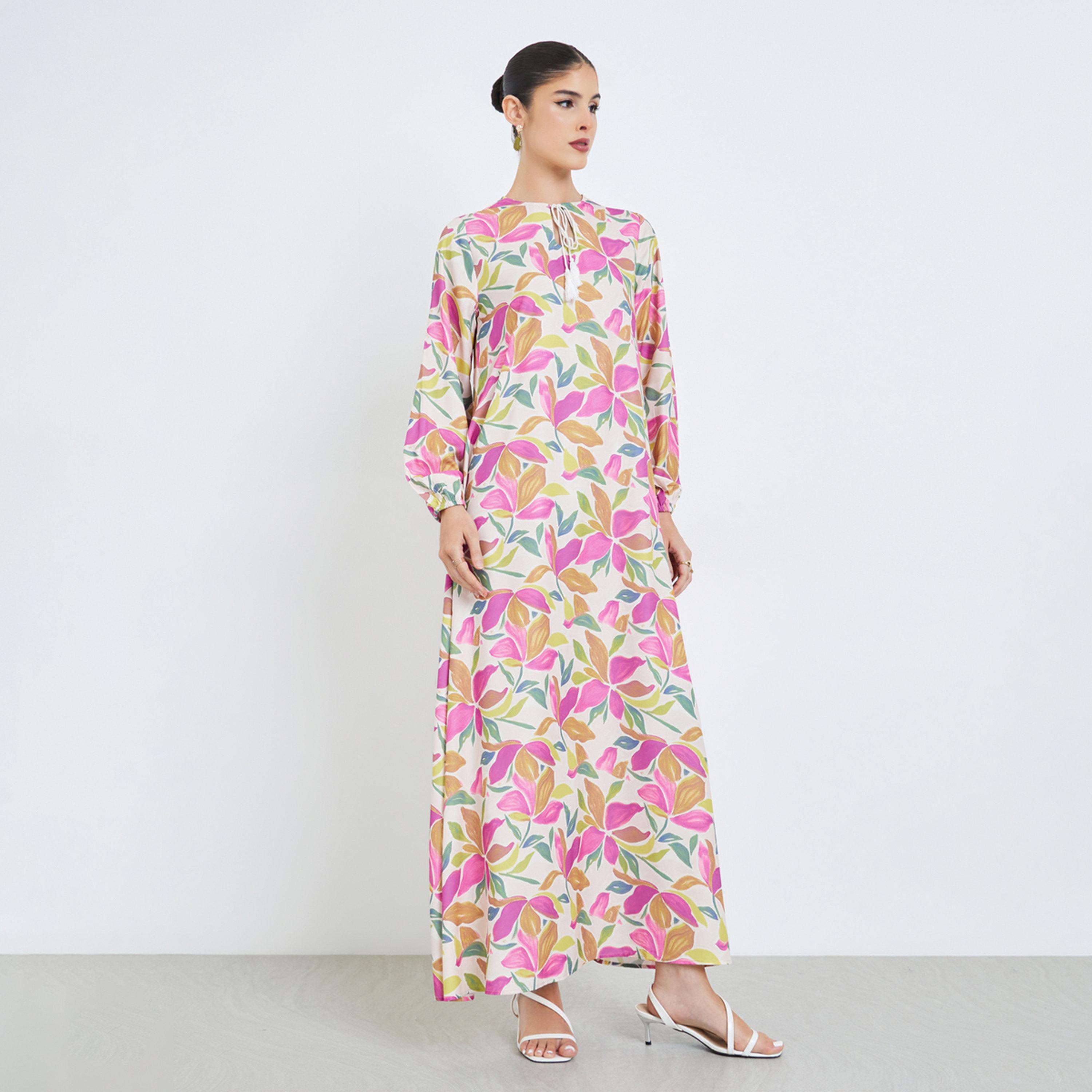 جلابية بطبعة زهور مع ياقة بأربطة-women-arabicclothing-jalabiyas-image-1