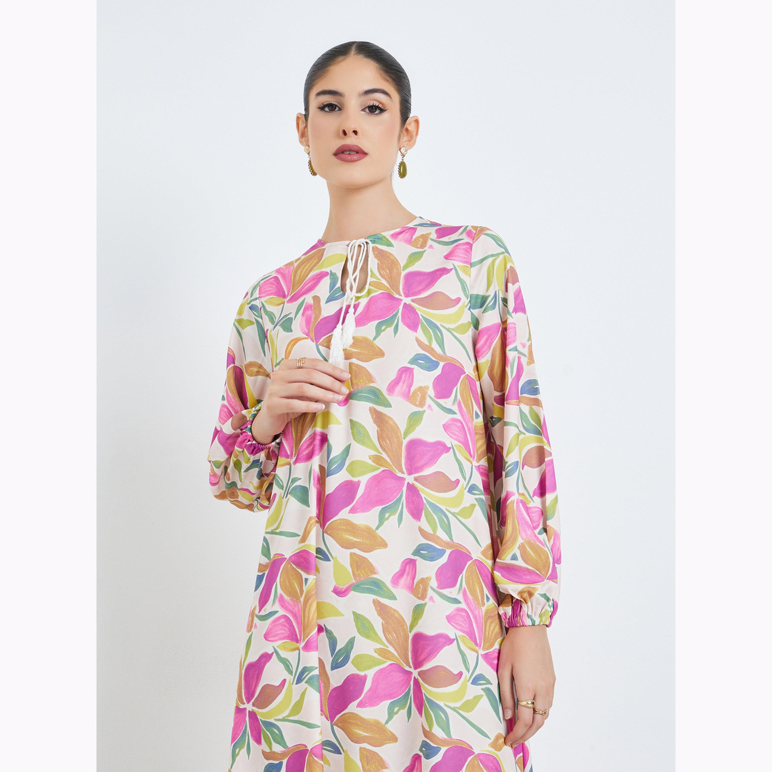 Amirah X Styli Floral Print Tie-Up Neck Jalabiya-women-arabicclothing-jalabiyas-image-2