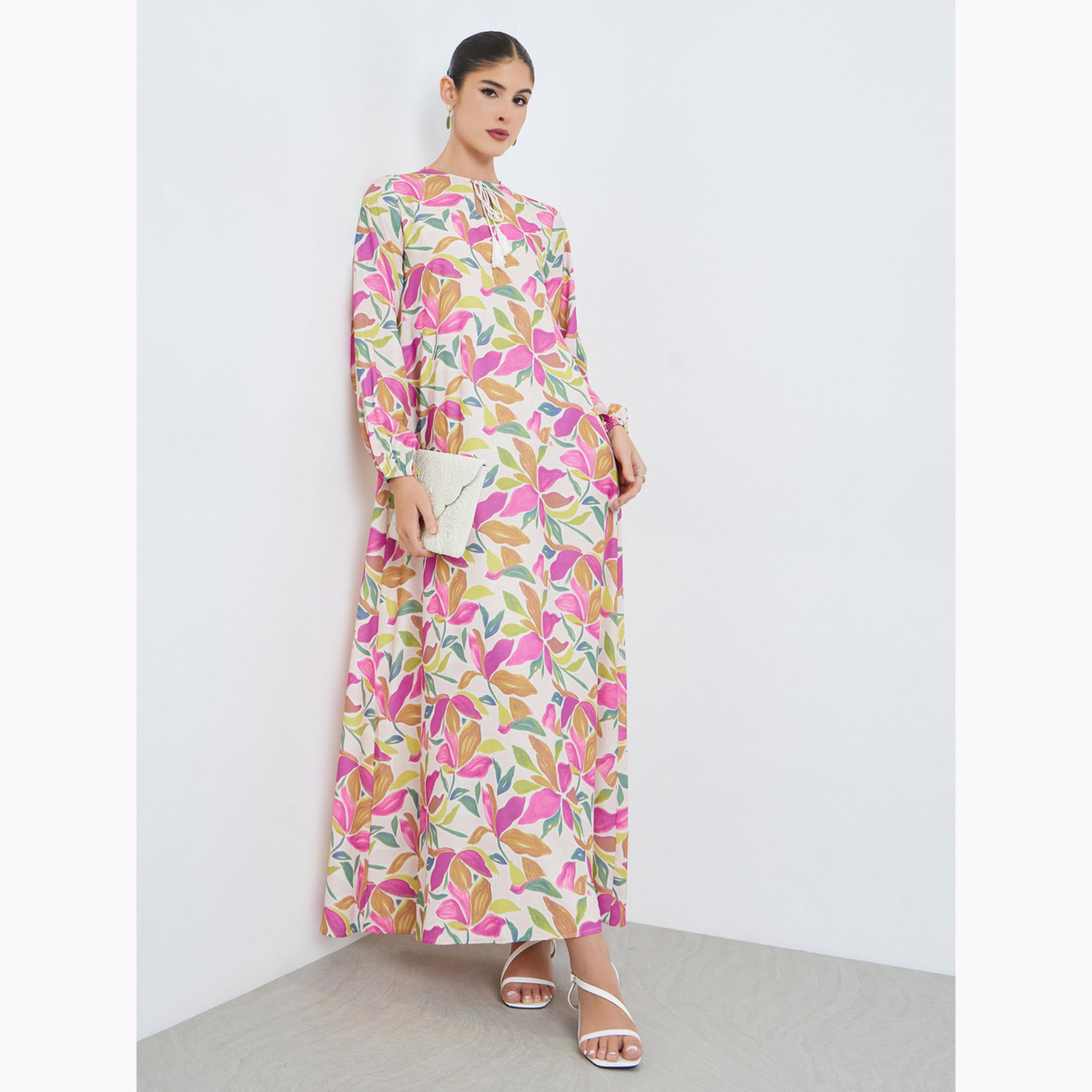 جلابية بطبعة زهور مع ياقة بأربطة-women-arabicclothing-jalabiyas-image-3