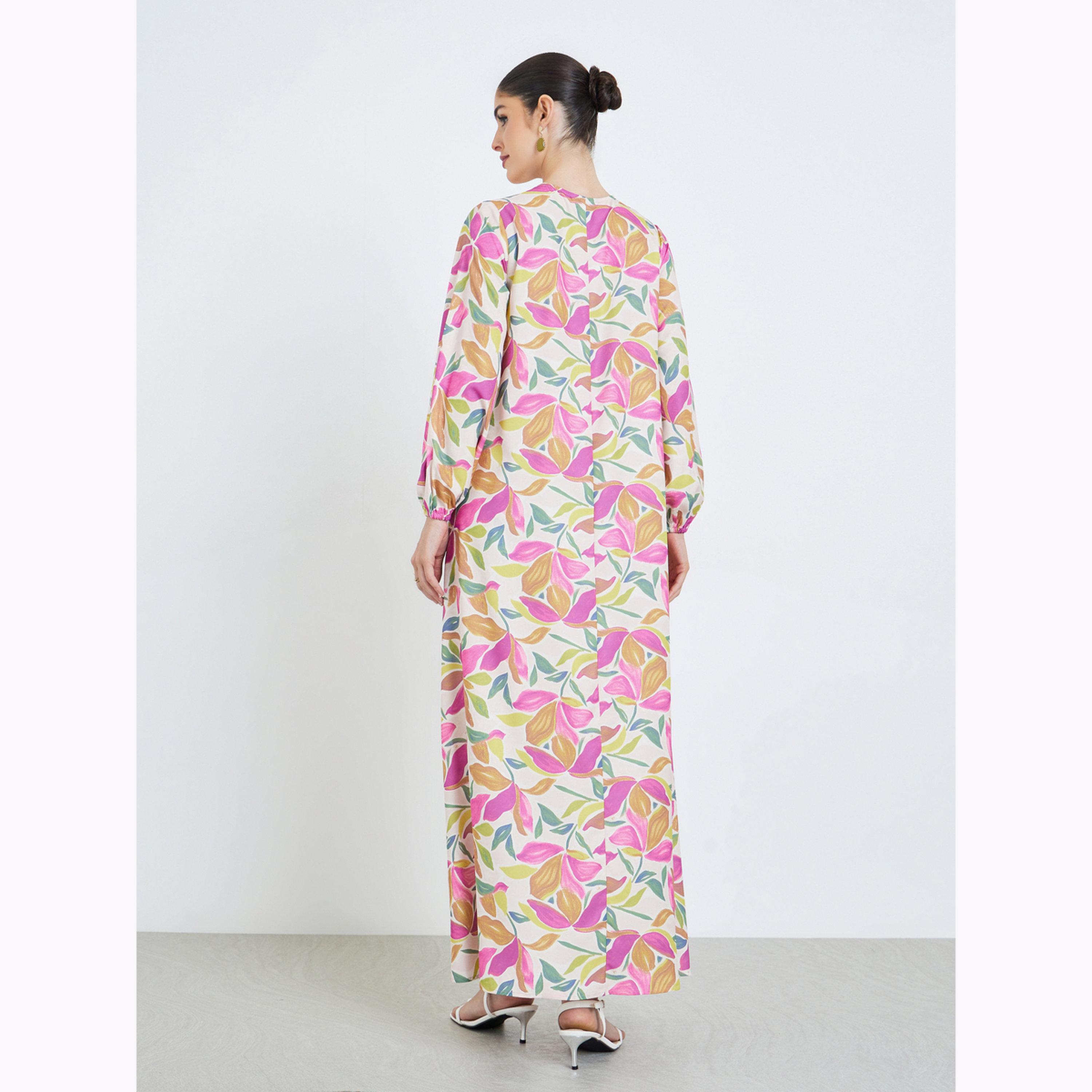 Amirah X Styli Floral Print Tie-Up Neck Jalabiya-women-arabicclothing-jalabiyas-image-4