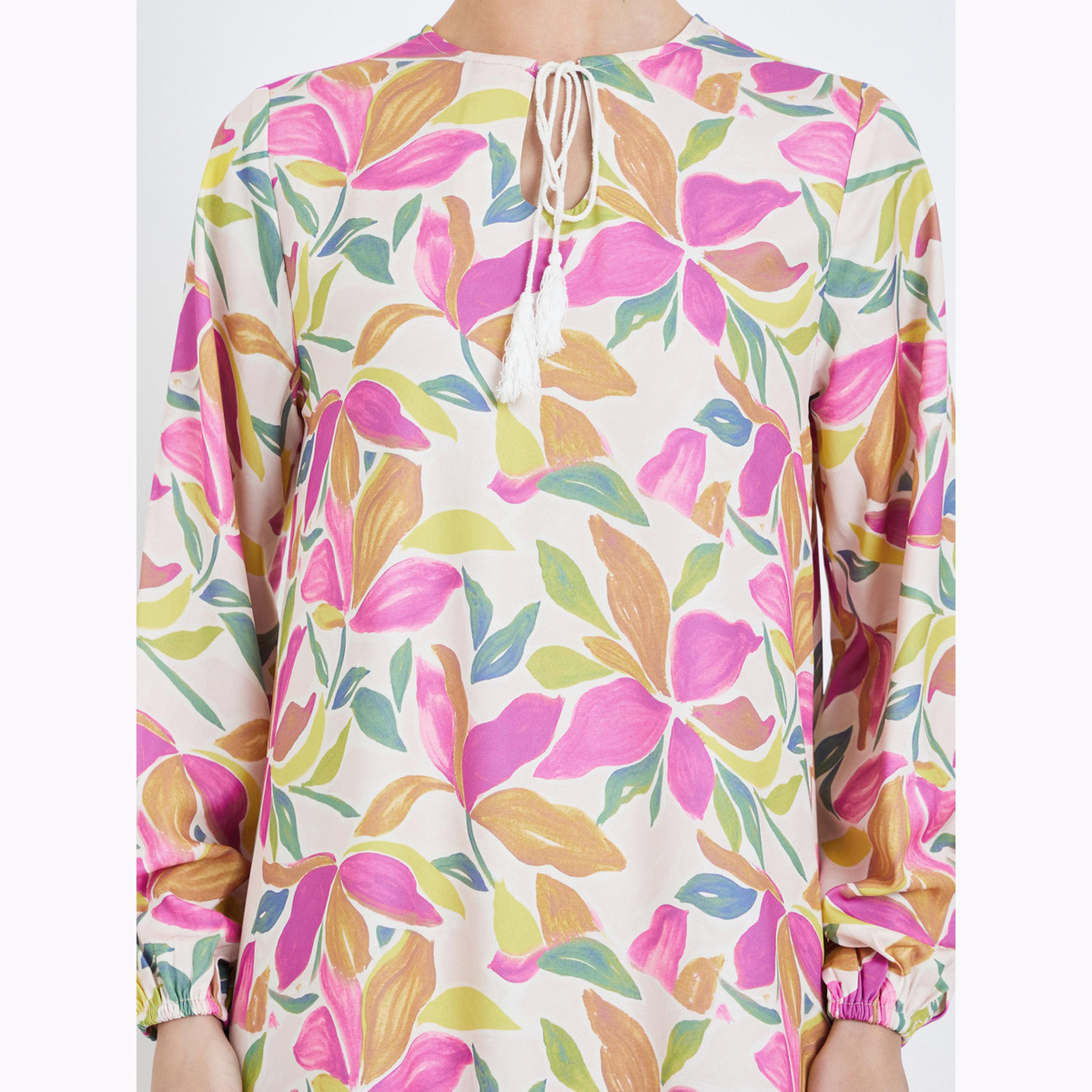 Amirah X Styli Floral Print Tie-Up Neck Jalabiya-women-arabicclothing-jalabiyas-image-5