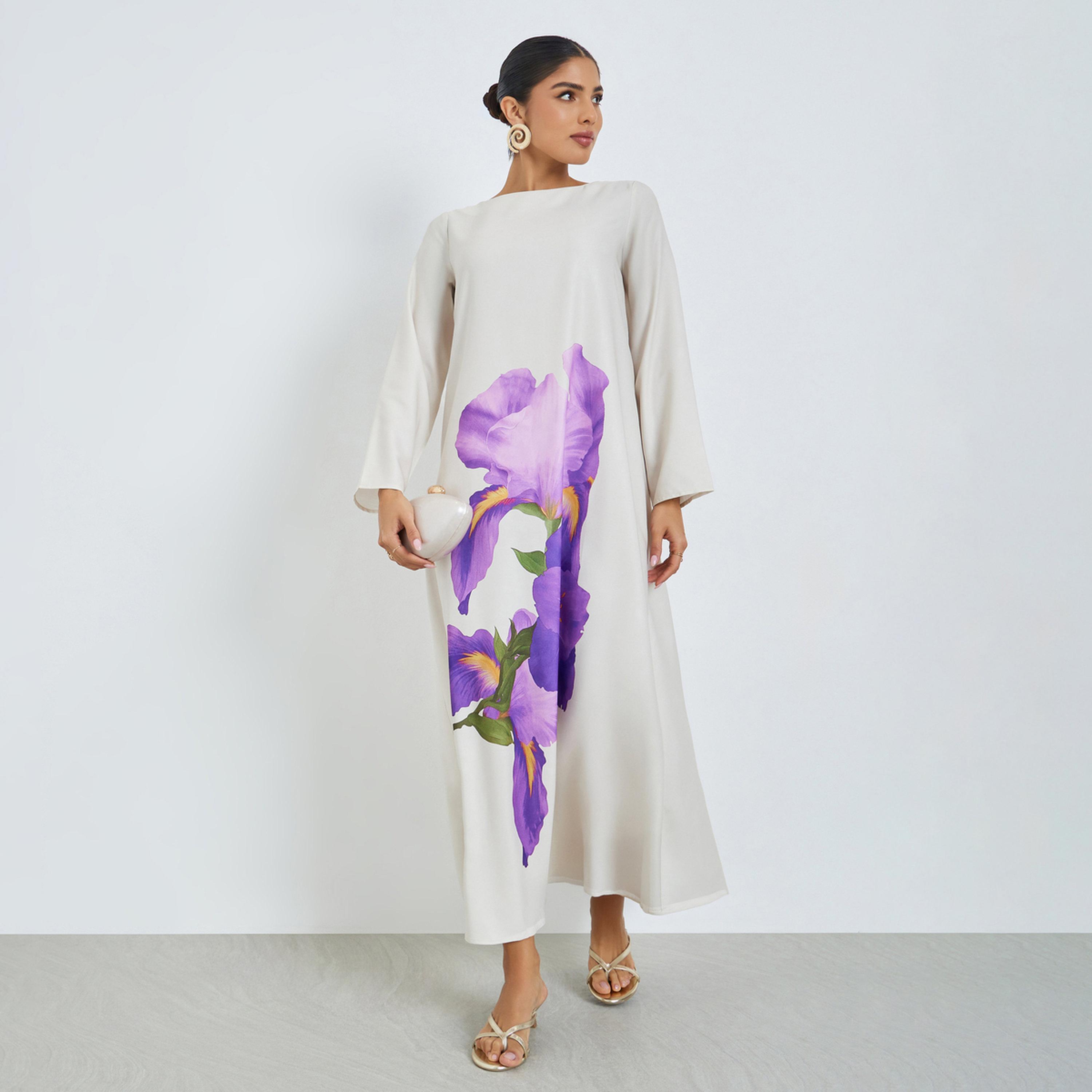 جلابية بأكمام طويلة وطبعة أزهار-women-arabicclothing-jalabiyas-image-1