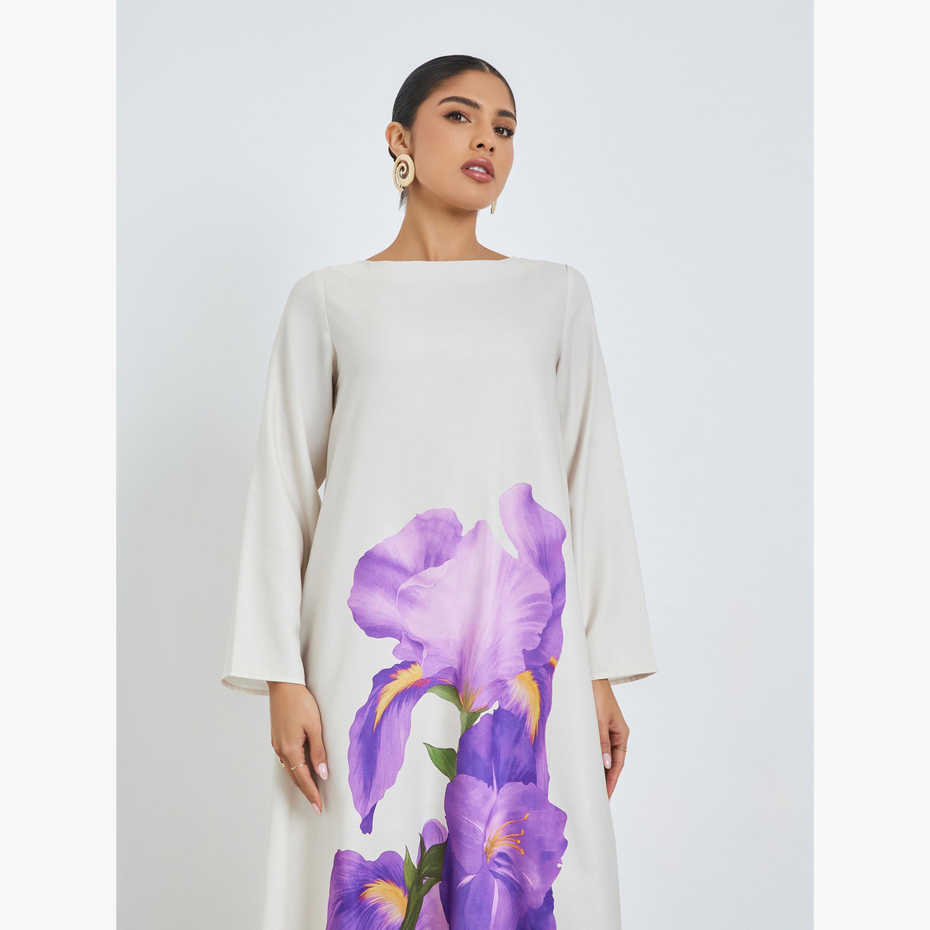 Styli Grey Floral Print Long Sleeve Jalabiya-women-arabicclothing-jalabiyas-image-2
