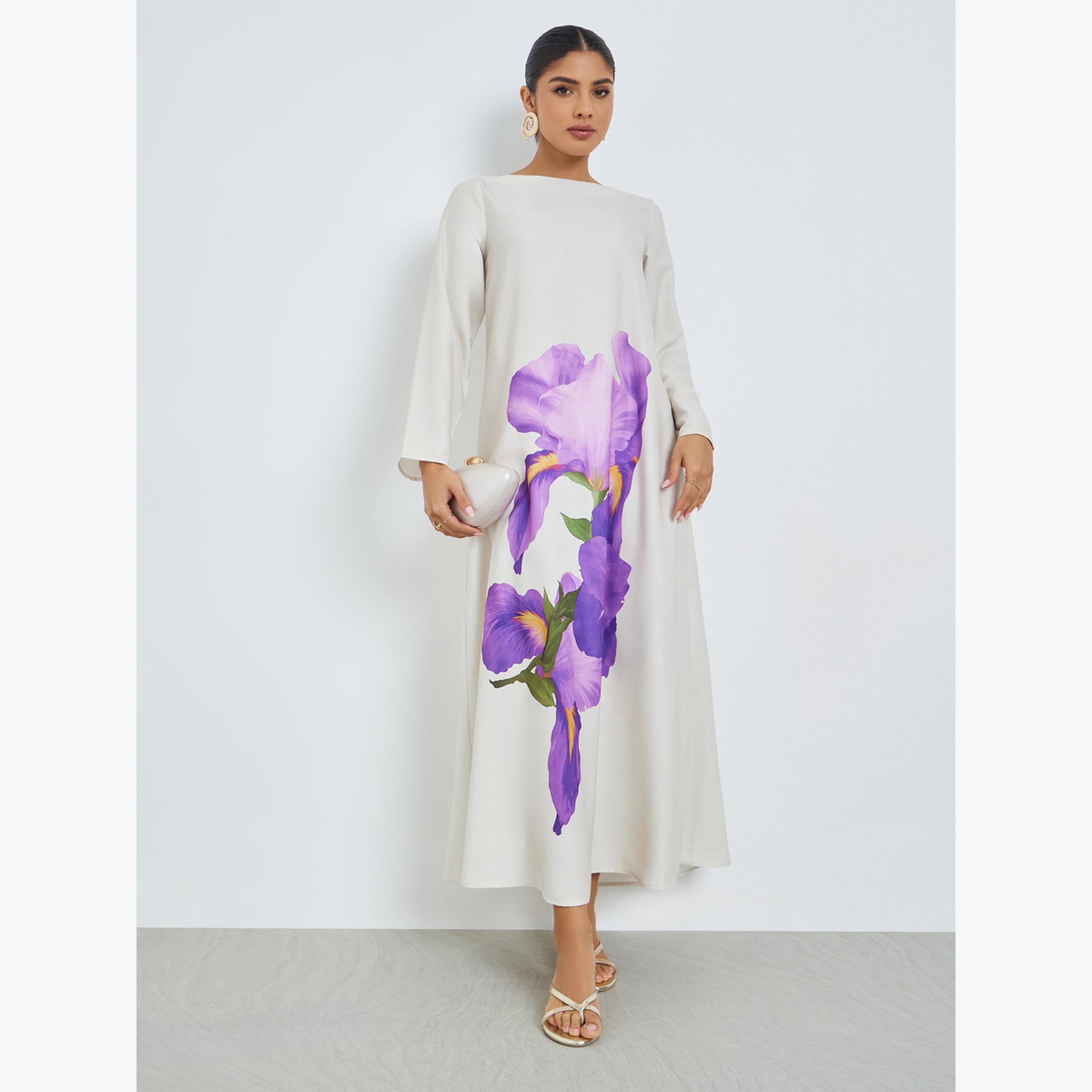 جلابية بأكمام طويلة وطبعة أزهار-women-arabicclothing-jalabiyas-image-3