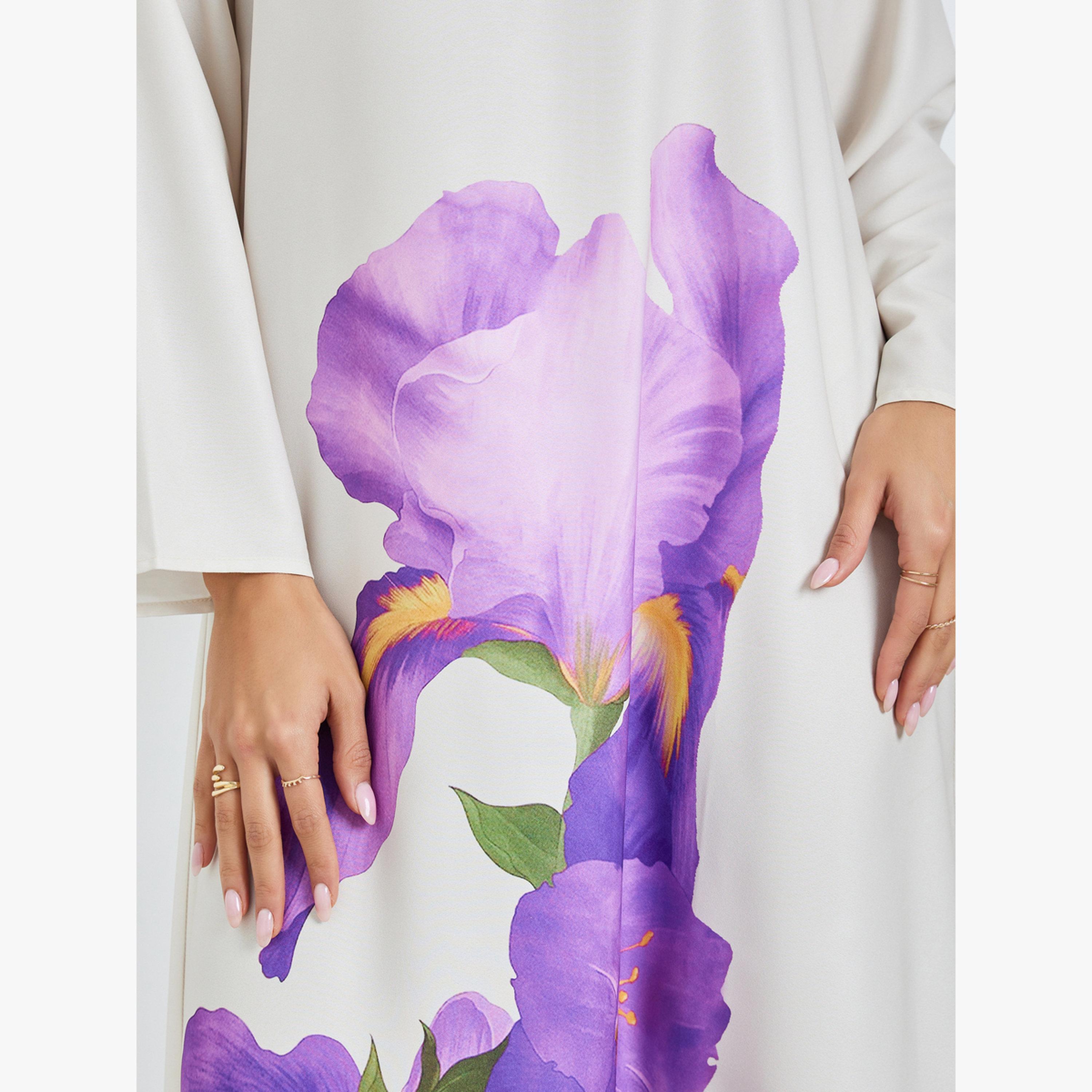 جلابية بأكمام طويلة وطبعة أزهار-women-arabicclothing-jalabiyas-image-5