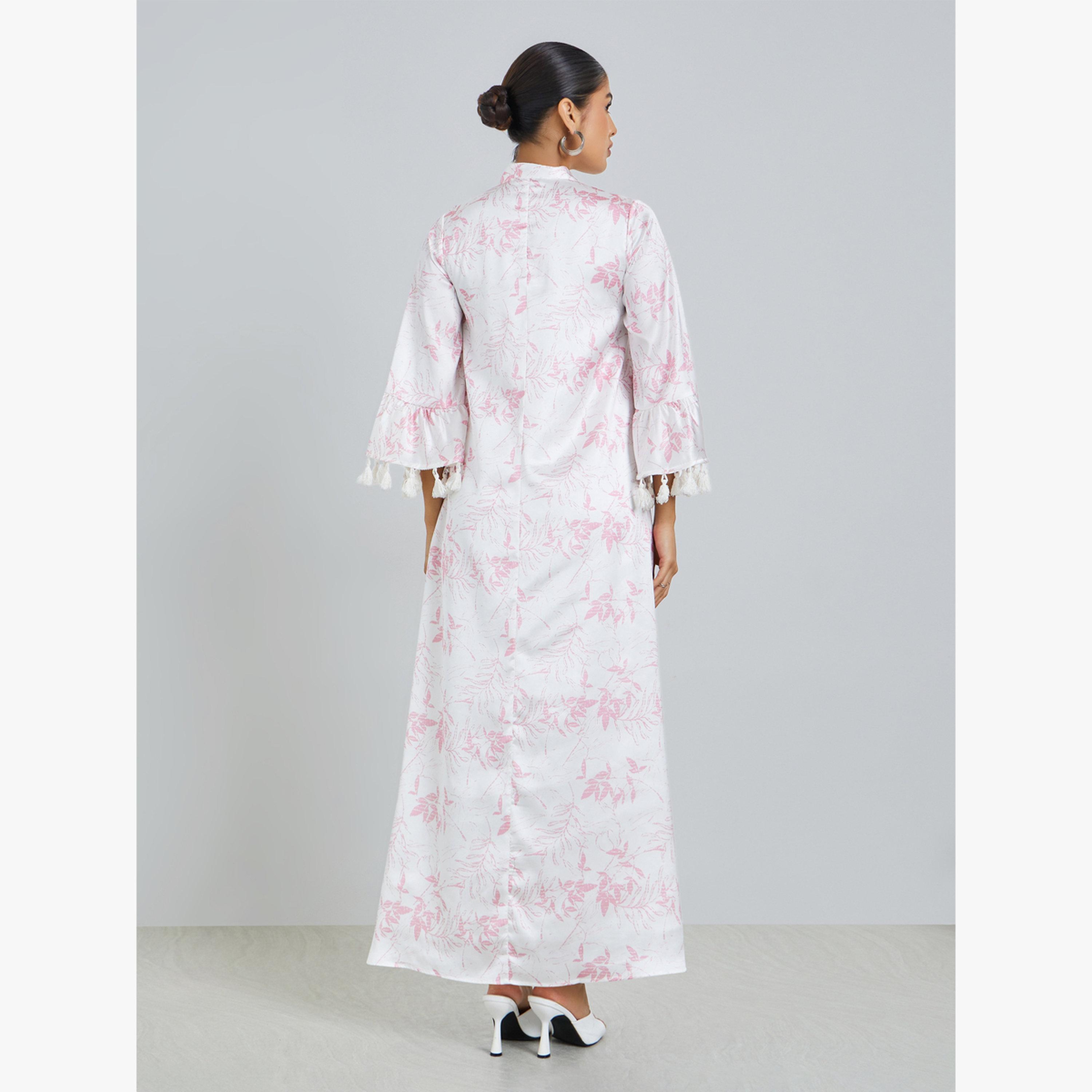 Styli Light Pink Tassel Trim Satin Jalabiya-women-arabicclothing-jalabiyas-image-4