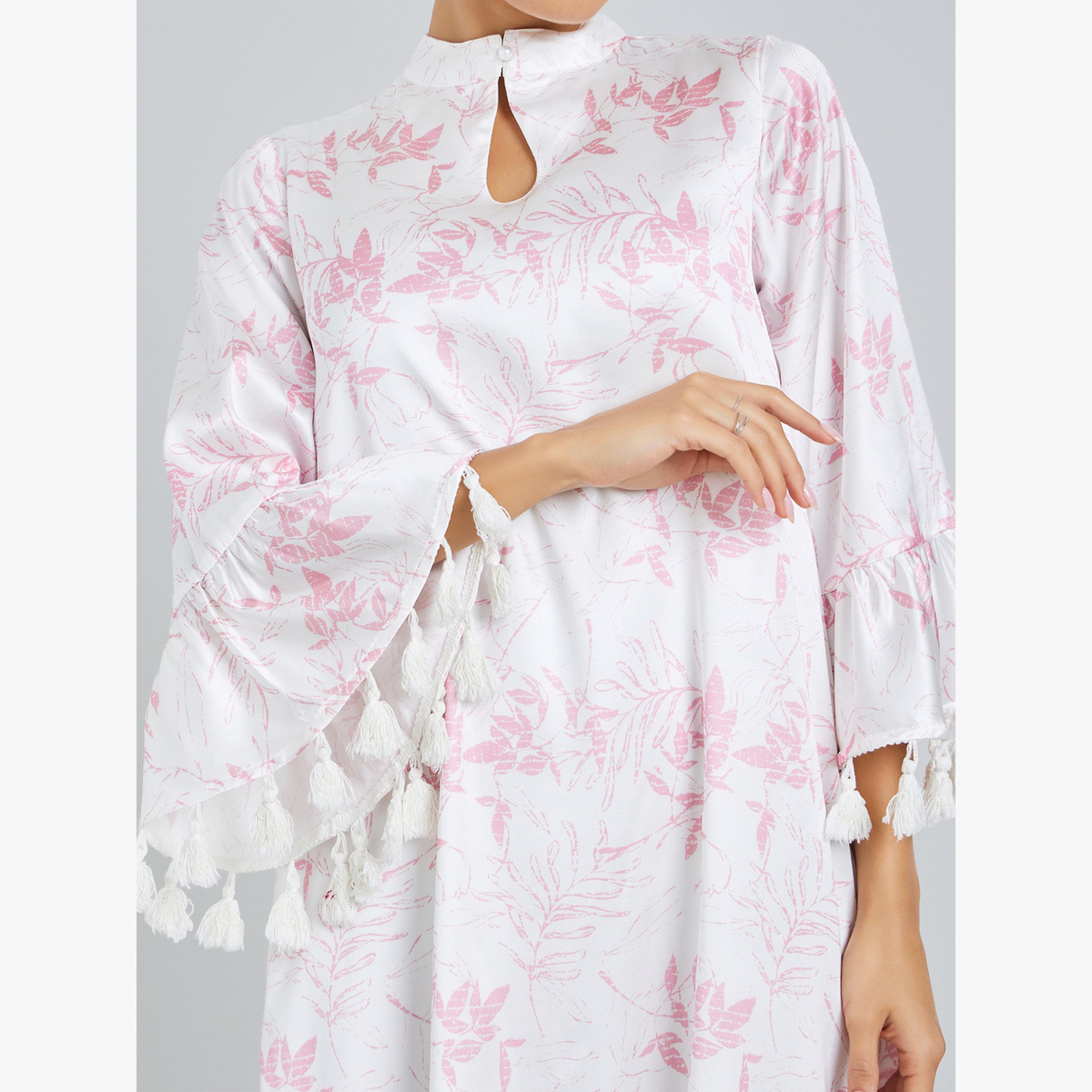 Styli Light Pink Tassel Trim Satin Jalabiya-women-arabicclothing-jalabiyas-image-5