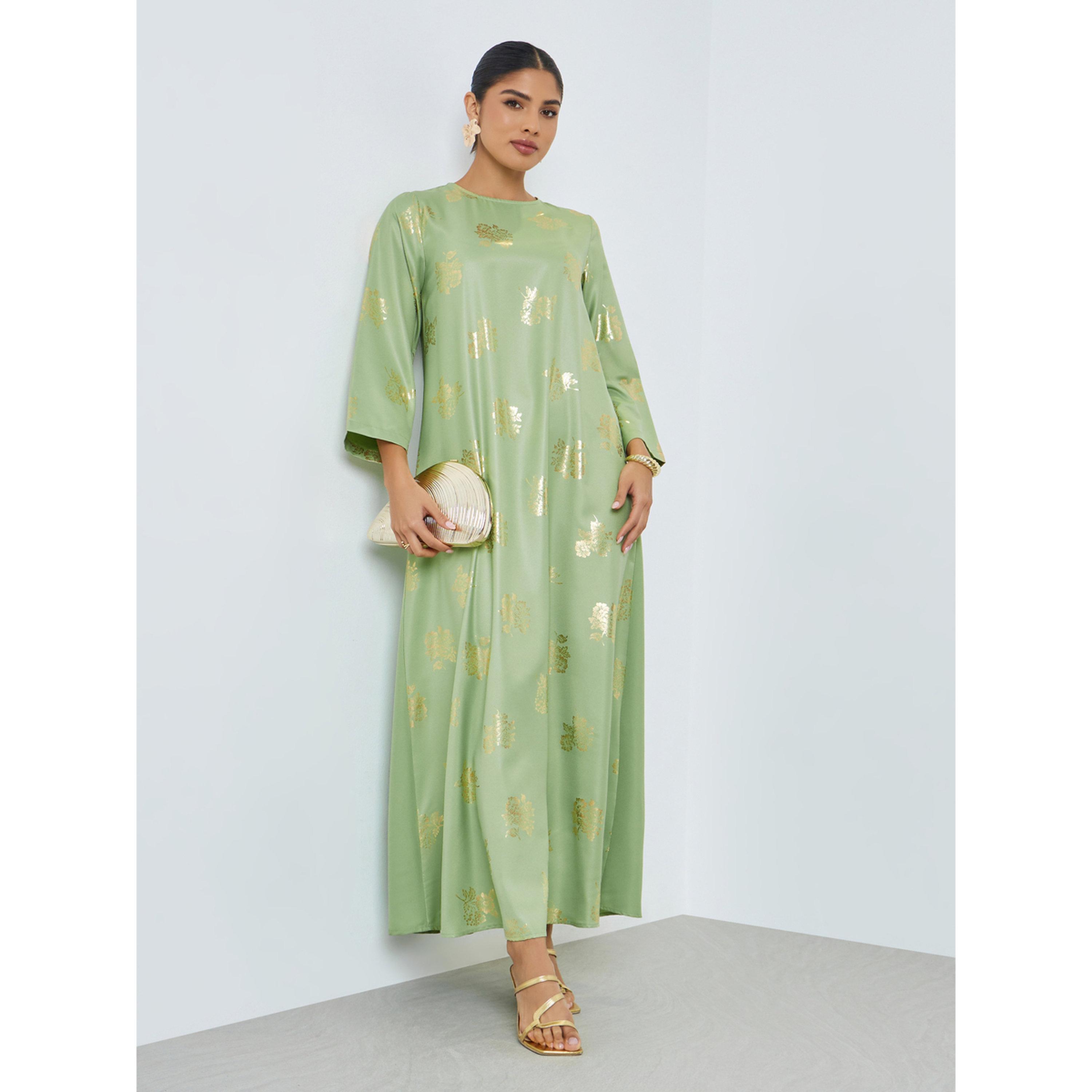جلابية بياقة دائرية وطبعة رقائق معدنية-women-arabicclothing-jalabiyas-image-1