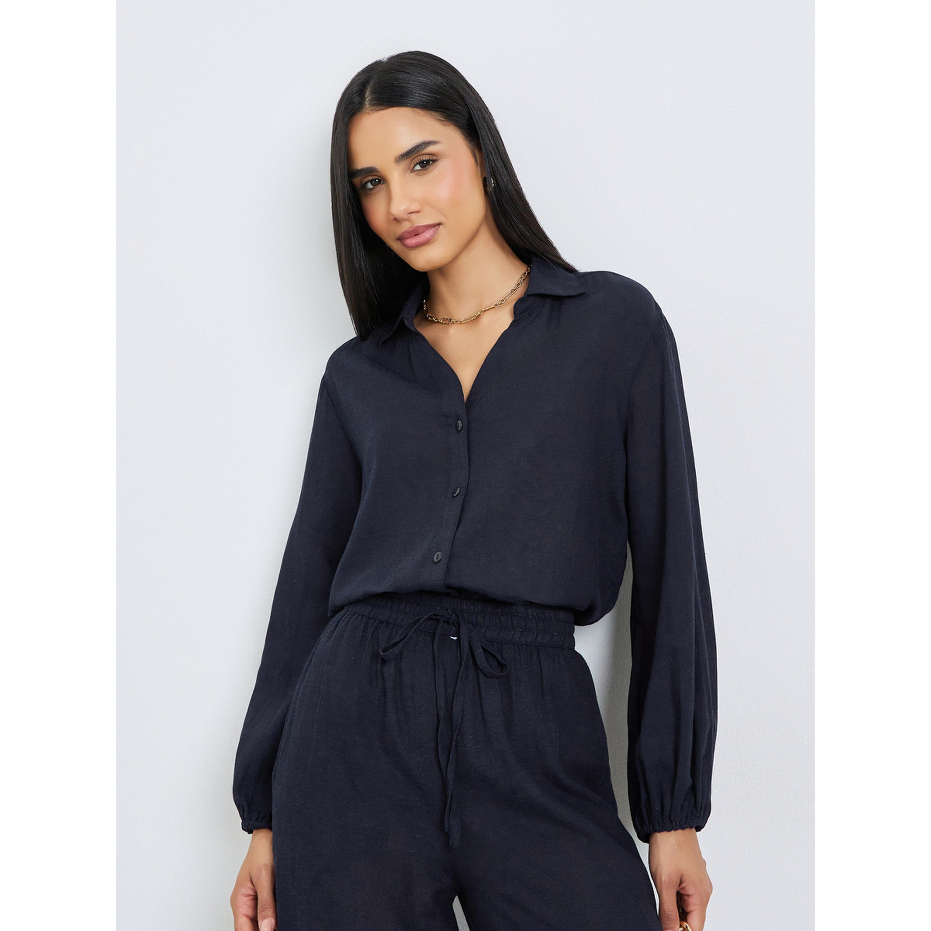 Styli Navy Blue Solid Balloon Sleeves Shirt-women-clothing-shirtsandblouses-shirts-image-3