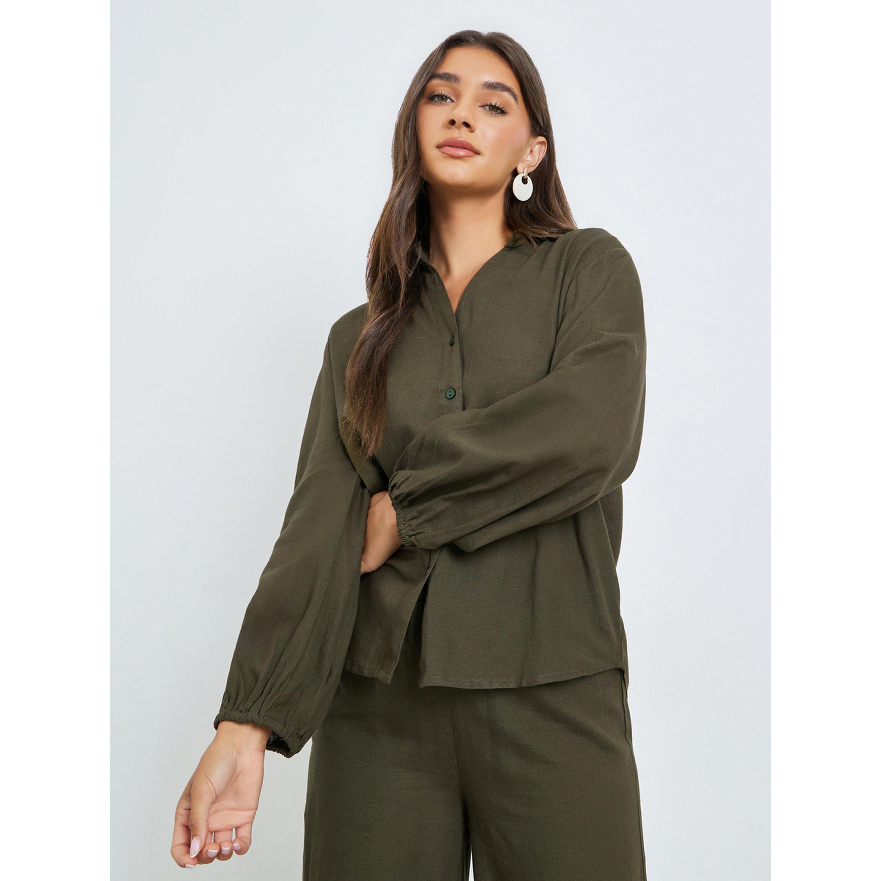 Styli Olive Solid Balloon Sleeves Shirt-women-clothing-shirtsandblouses-shirts-image-1