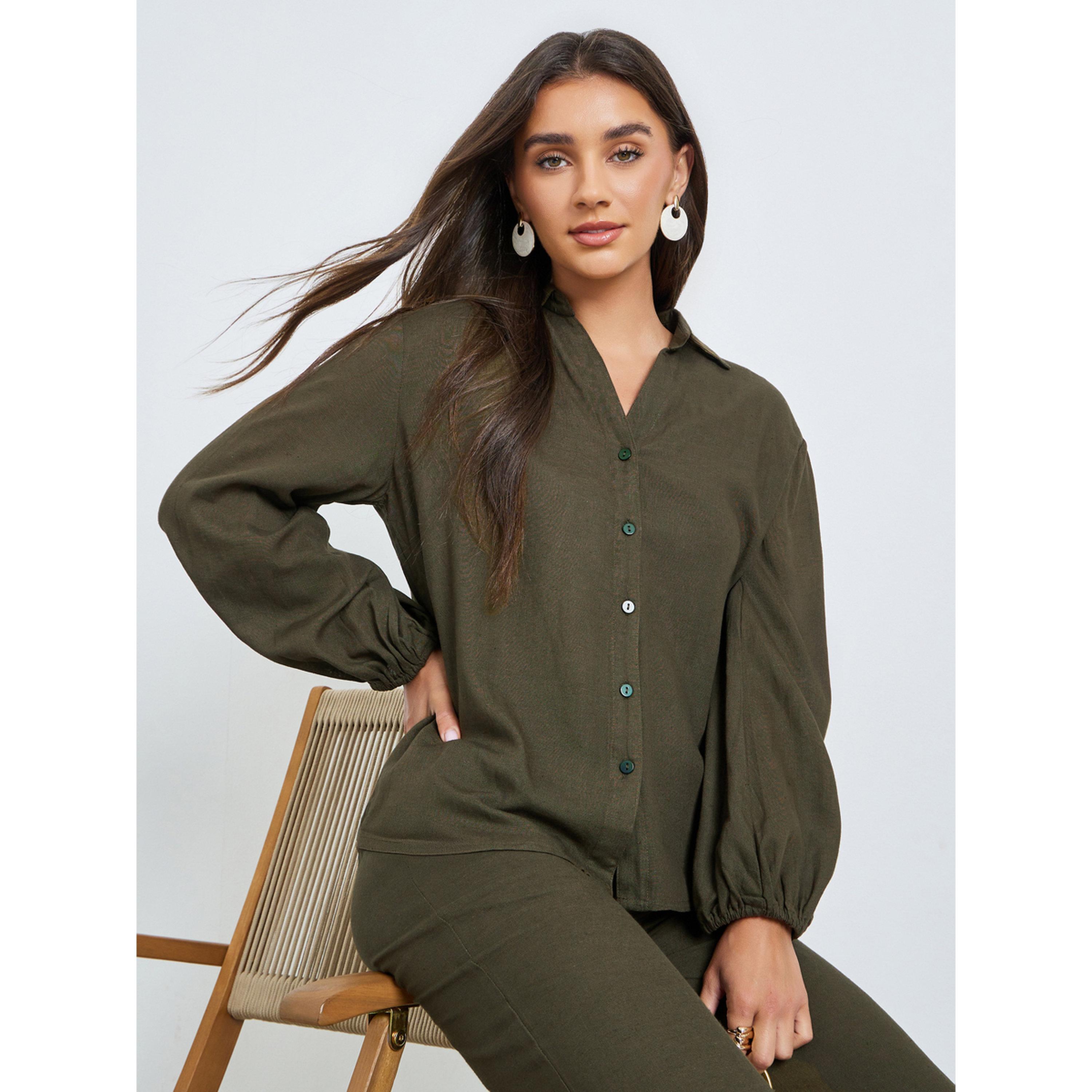 Styli Olive Solid Balloon Sleeves Shirt-women-clothing-shirtsandblouses-shirts-image-3