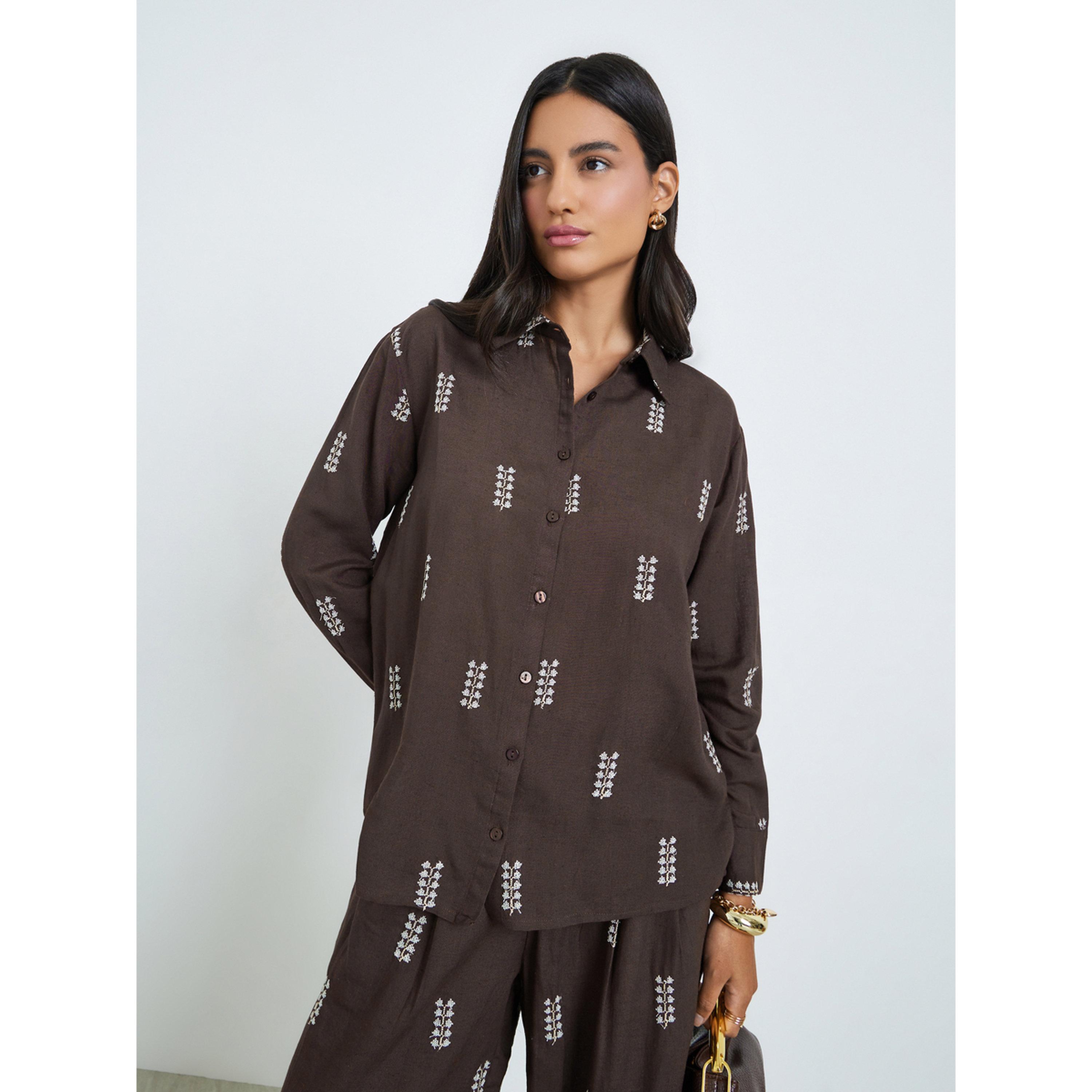 Styli Brown Embroidered Long Sleeve Shirt-women-clothing-shirtsandblouses-shirts-image-1