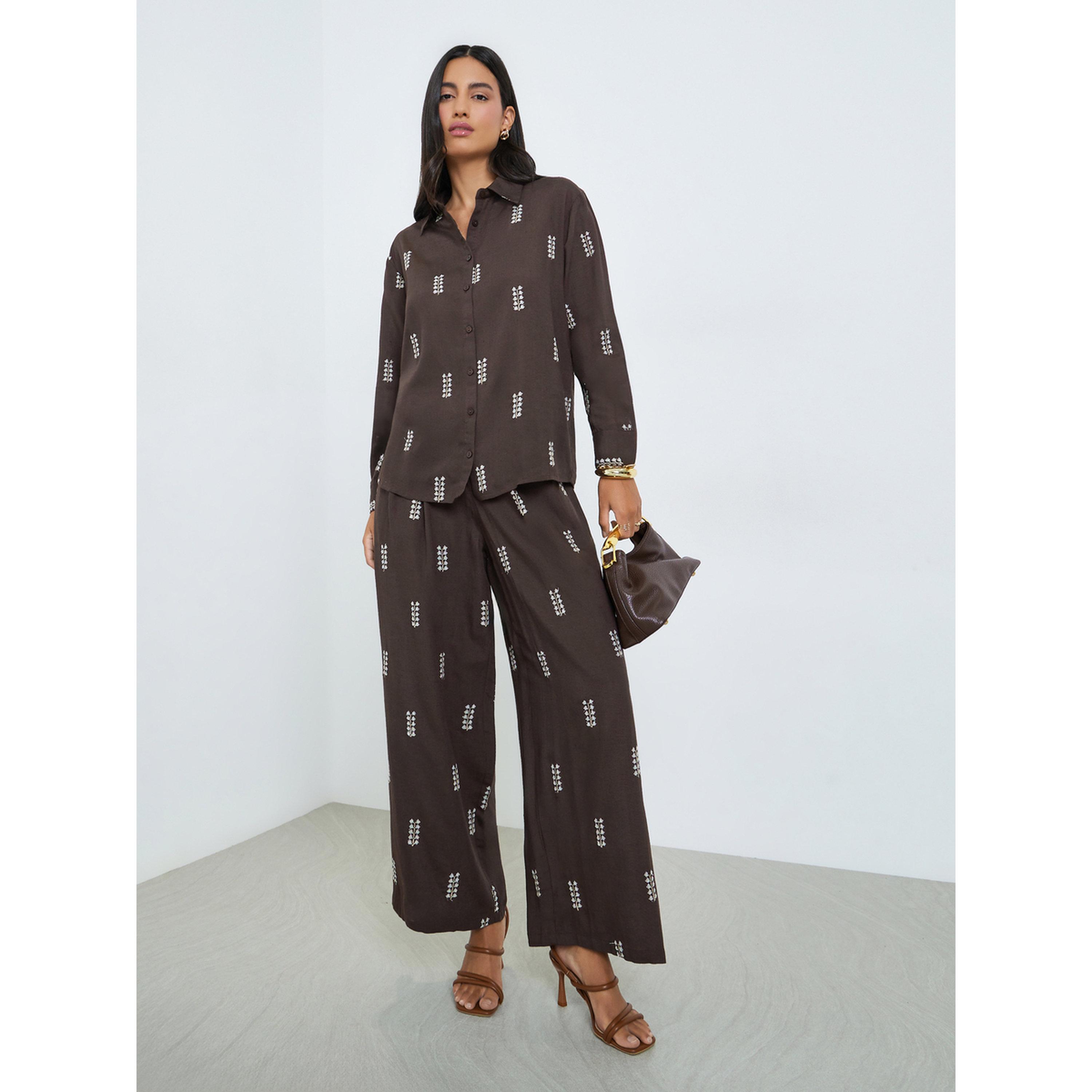 Styli Brown Embroidered Long Sleeve Shirt-women-clothing-shirtsandblouses-shirts-image-2