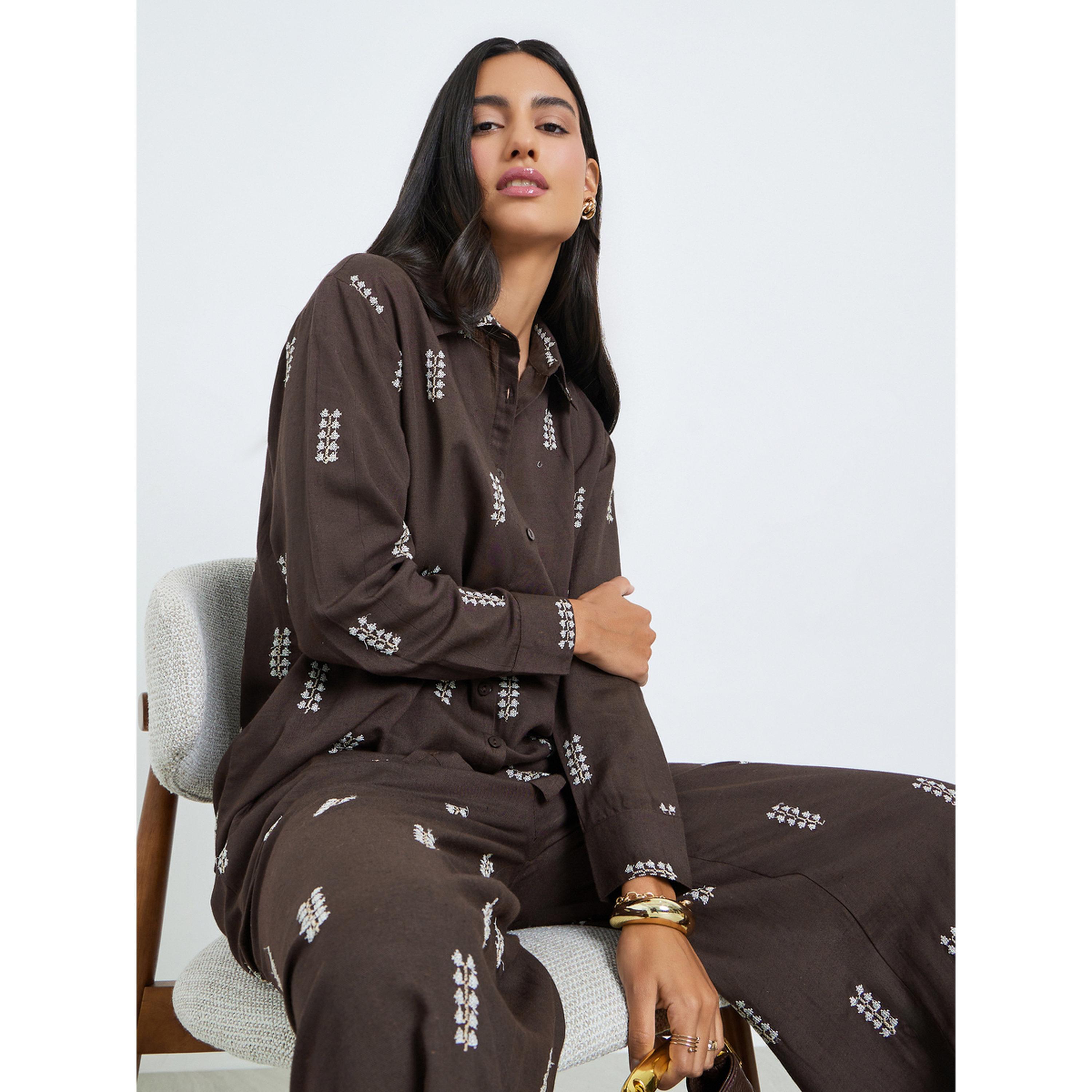 Styli Brown Embroidered Long Sleeve Shirt-women-clothing-shirtsandblouses-shirts-image-4