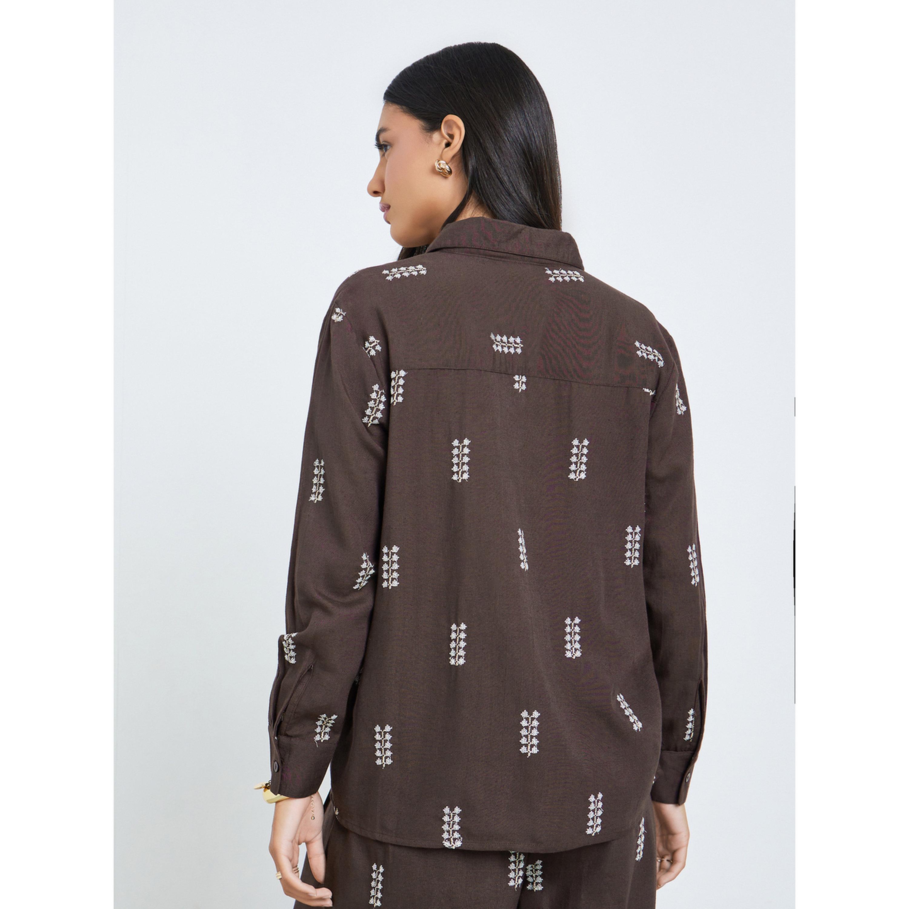 Styli Brown Embroidered Long Sleeve Shirt-women-clothing-shirtsandblouses-shirts-image-5