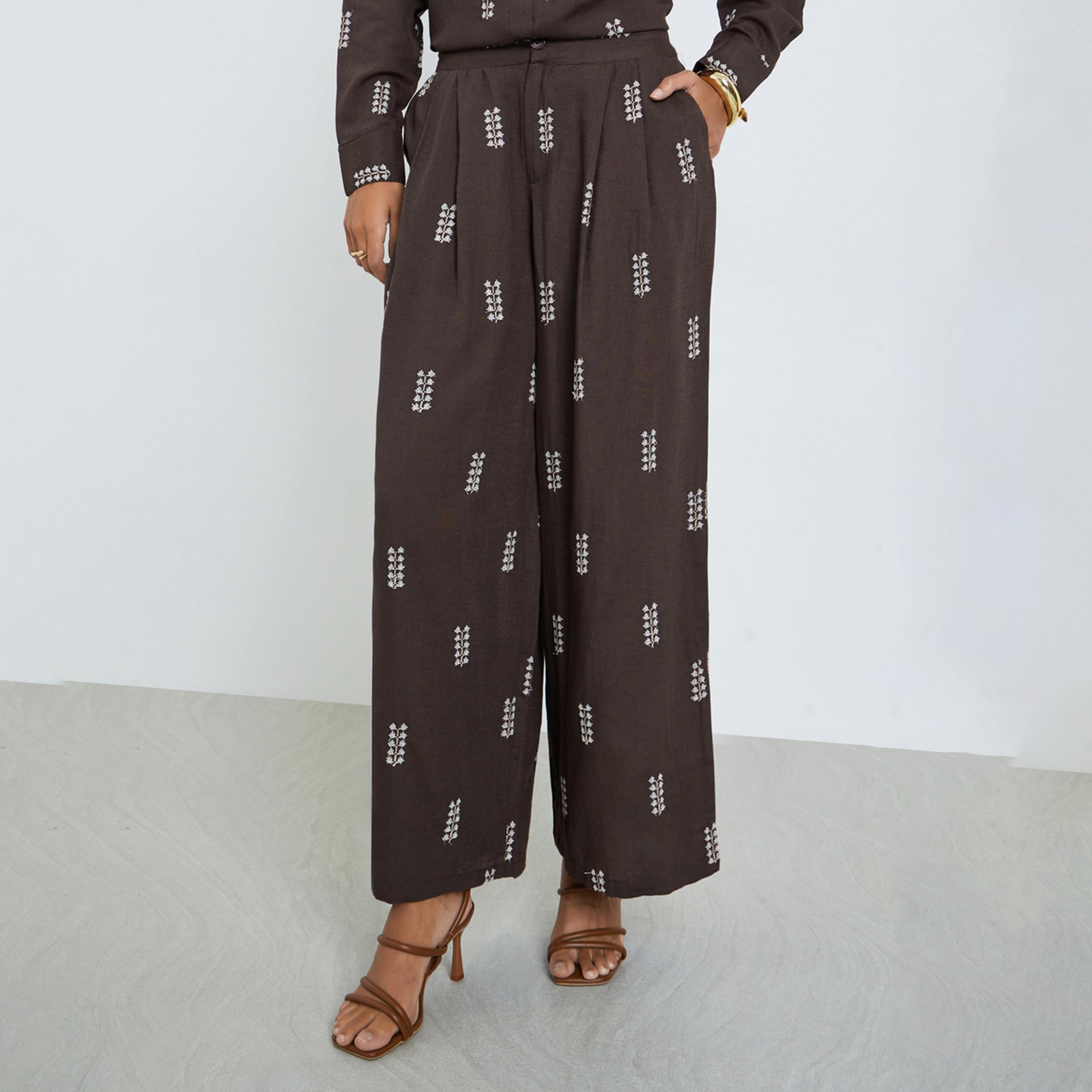 Styli Brown Embroidered Wide Leg Pants-women-clothing-bottoms-joggers-image-1
