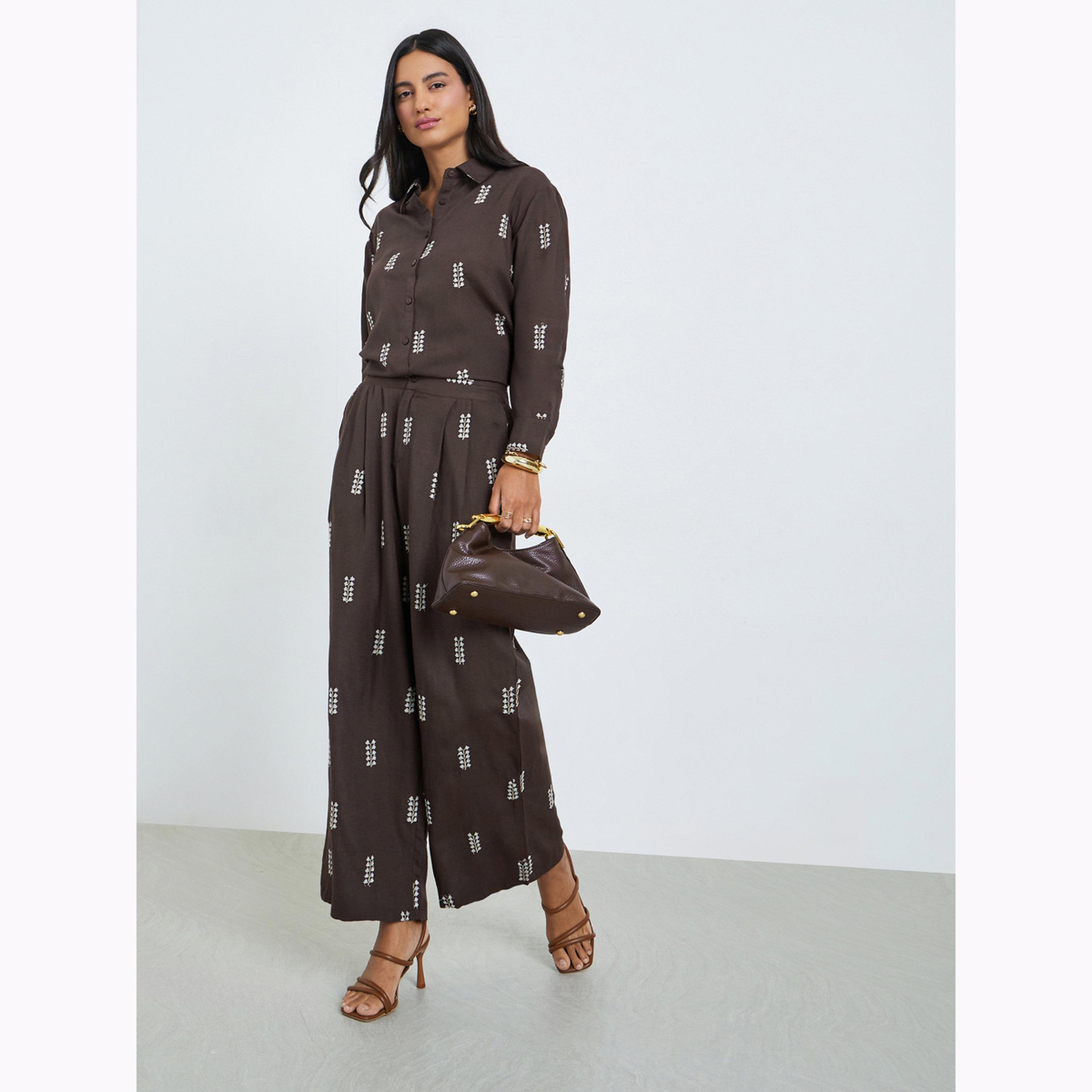 Styli Brown Embroidered Wide Leg Pants-women-clothing-bottoms-joggers-image-2