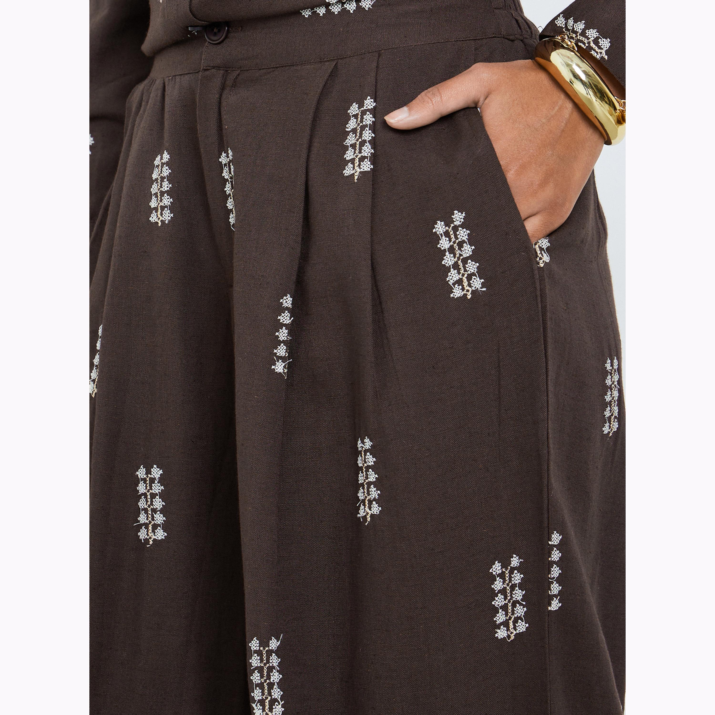 Styli Brown Embroidered Wide Leg Pants-women-clothing-bottoms-joggers-image-3