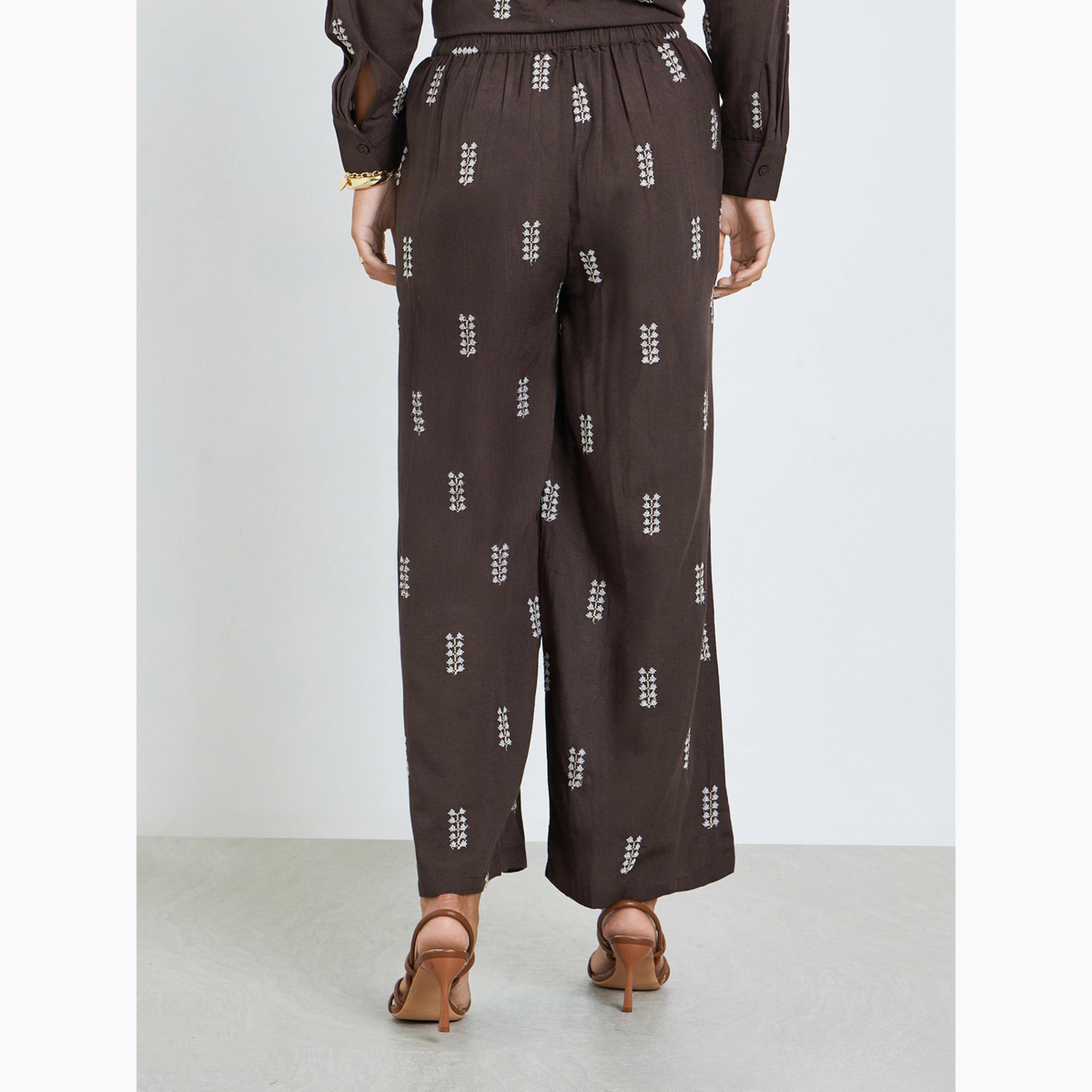 Styli Brown Embroidered Wide Leg Pants-women-clothing-bottoms-joggers-image-4