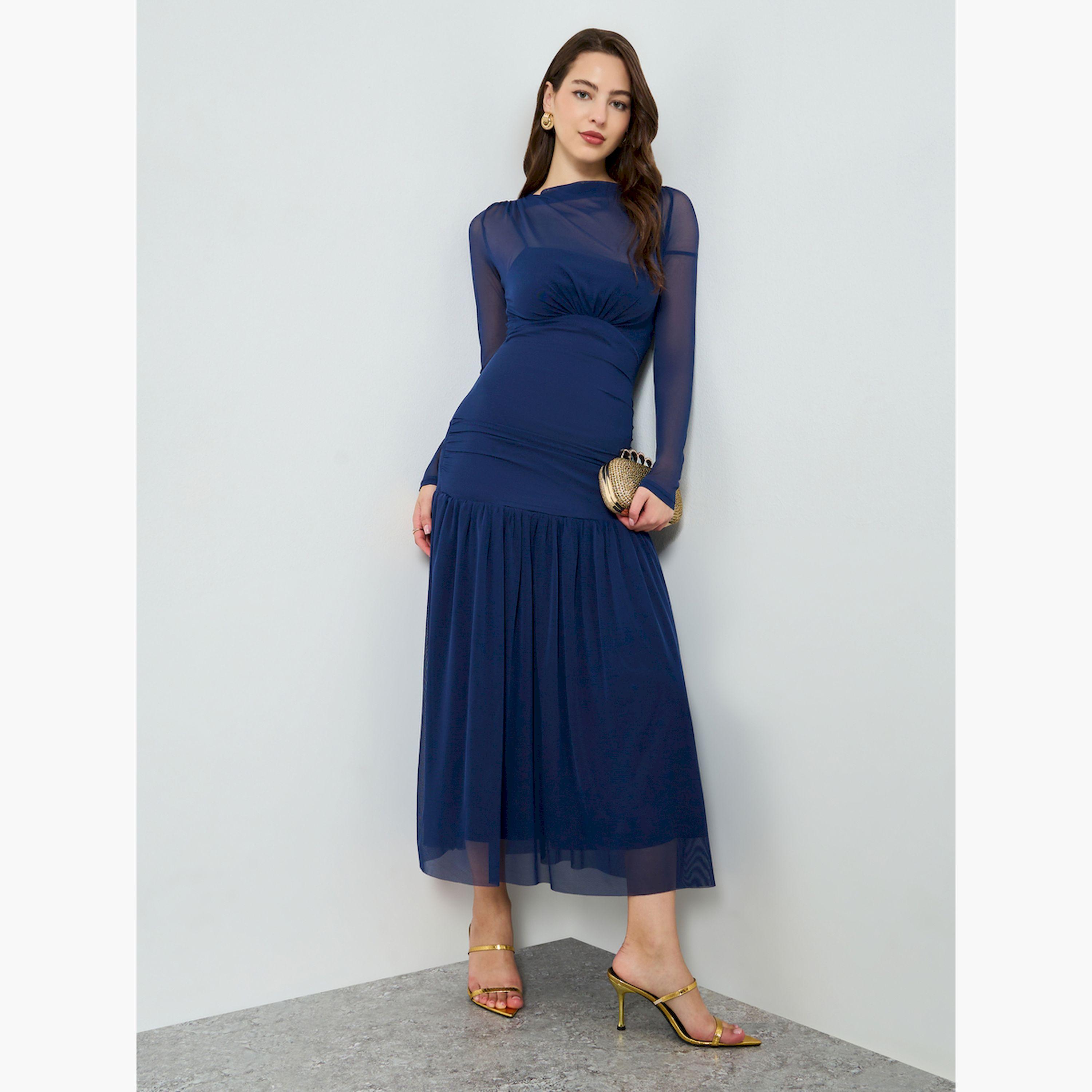 Styli Women Blue Long Sleeve A-Line Maxi Dress-women-clothing-dresses-image-1