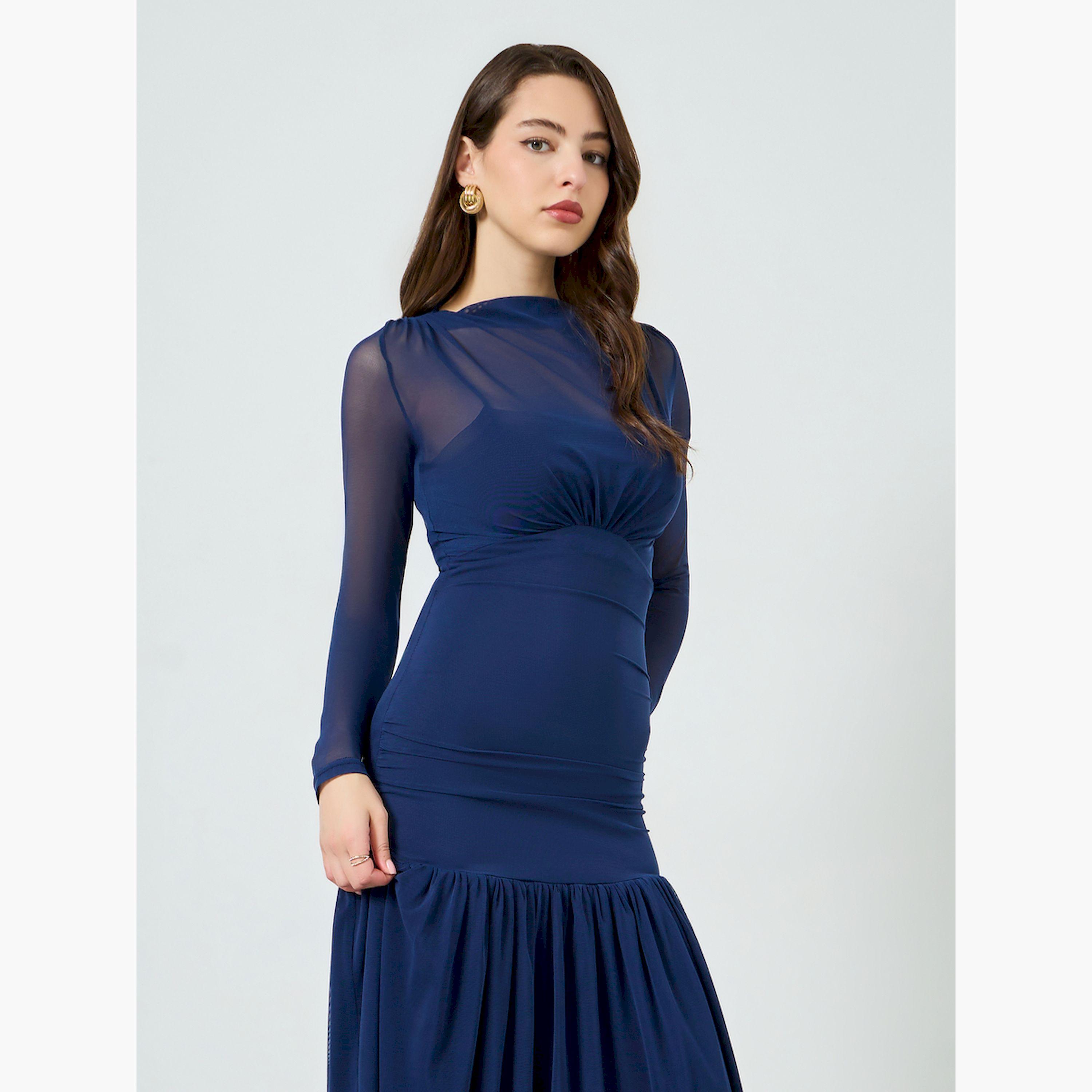 Styli Women Blue Long Sleeve A-Line Maxi Dress-women-clothing-dresses-image-2