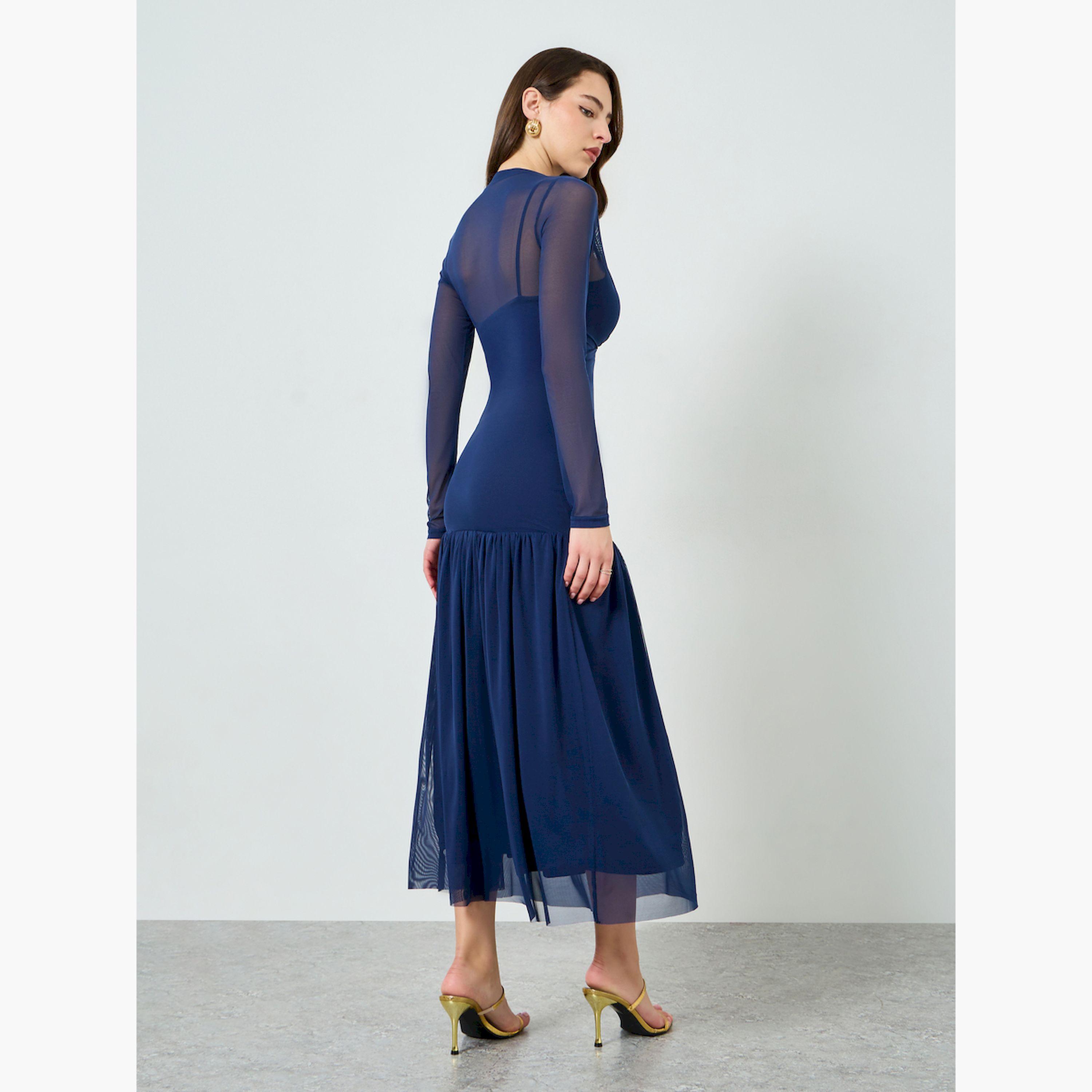 Styli Women Blue Long Sleeve A-Line Maxi Dress-women-clothing-dresses-image-3