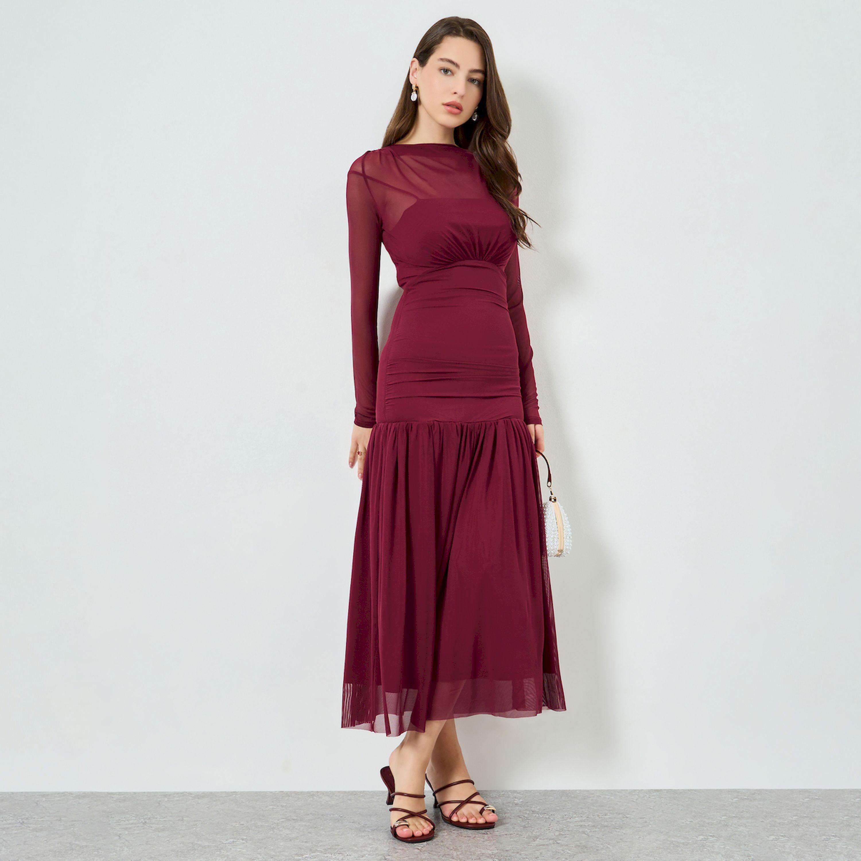 Styli Women Red Long Sleeve A-Line Maxi Dress-women-clothing-dresses-image-1