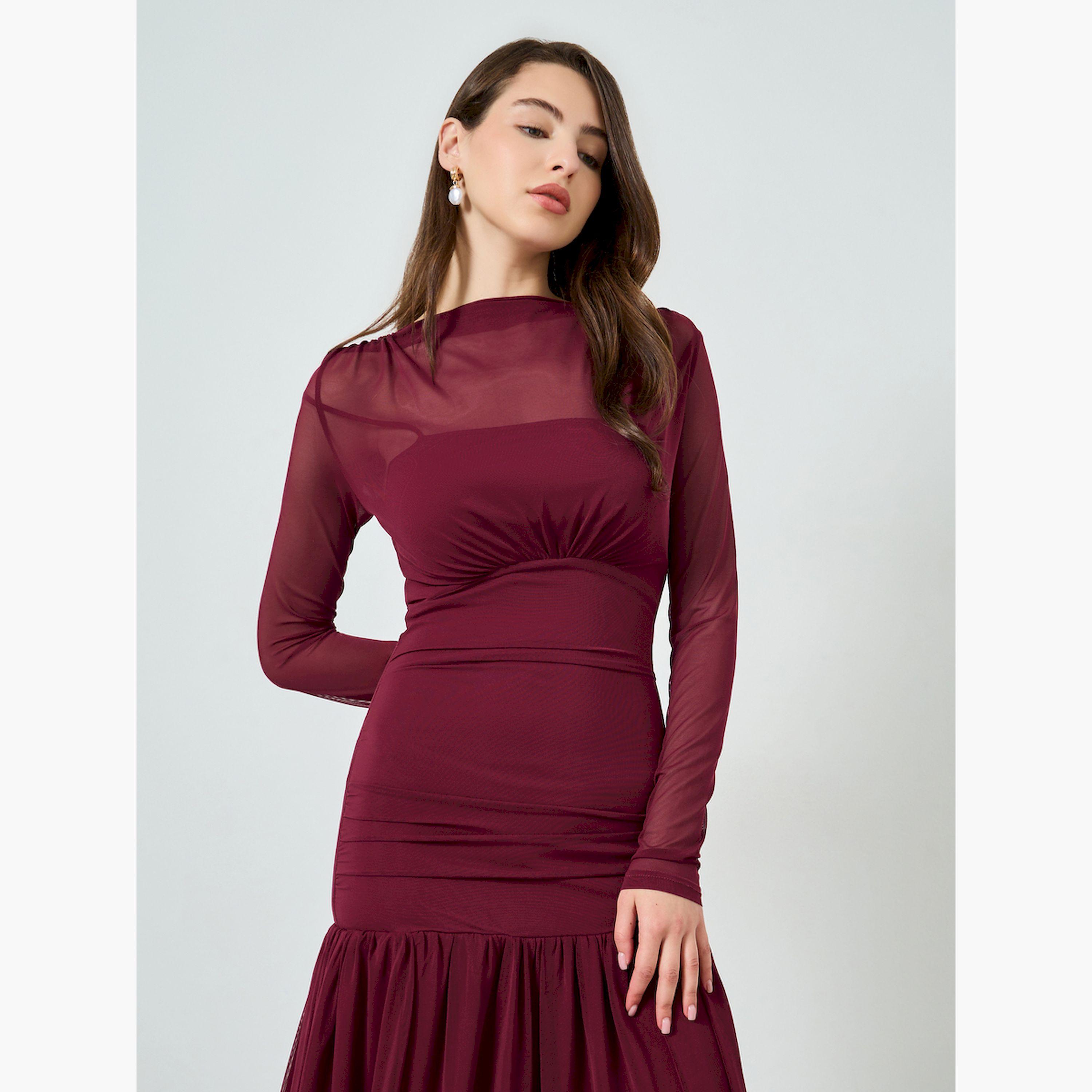 Styli Women Red Long Sleeve A-Line Maxi Dress-women-clothing-dresses-image-2