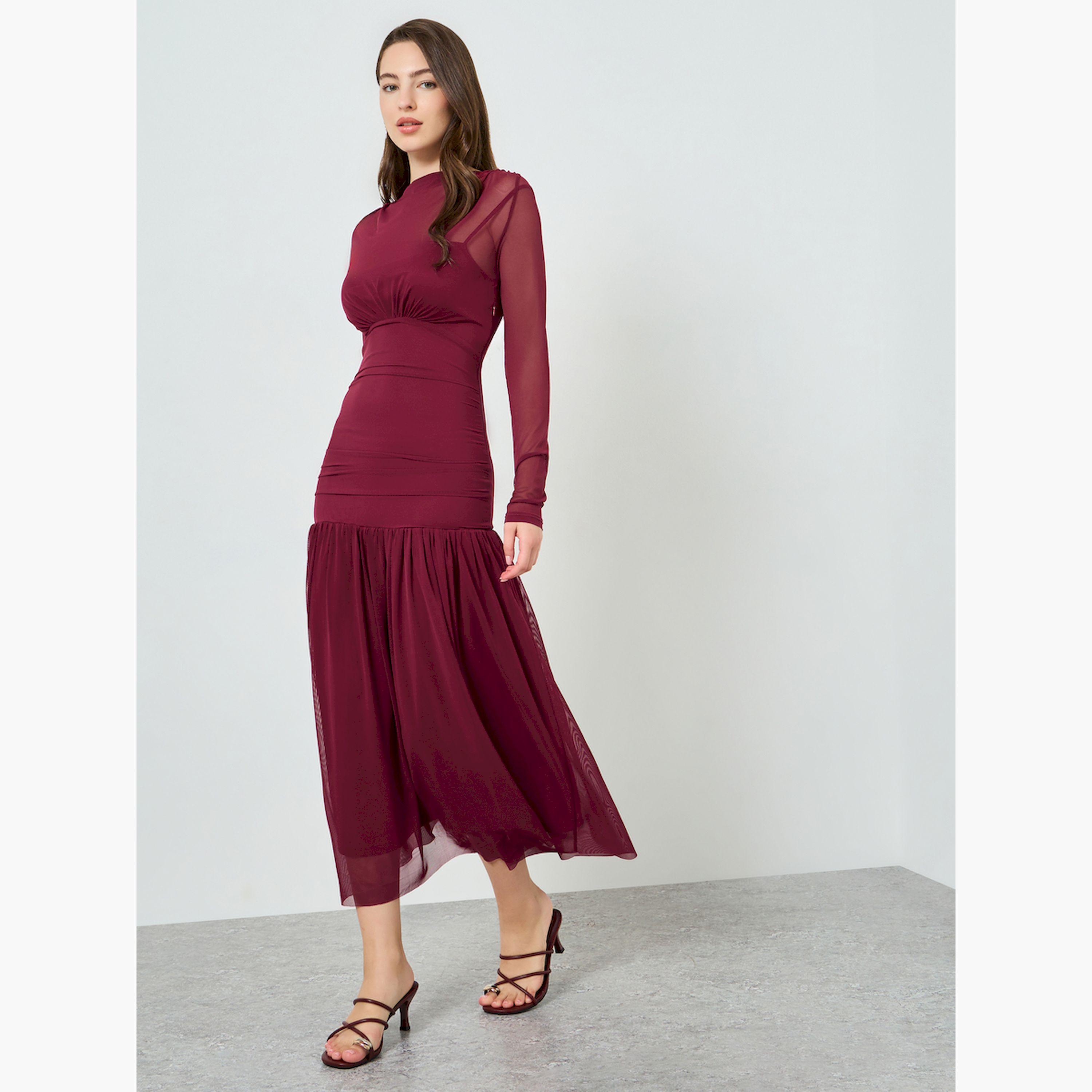 Styli Women Red Long Sleeve A-Line Maxi Dress-women-clothing-dresses-image-3
