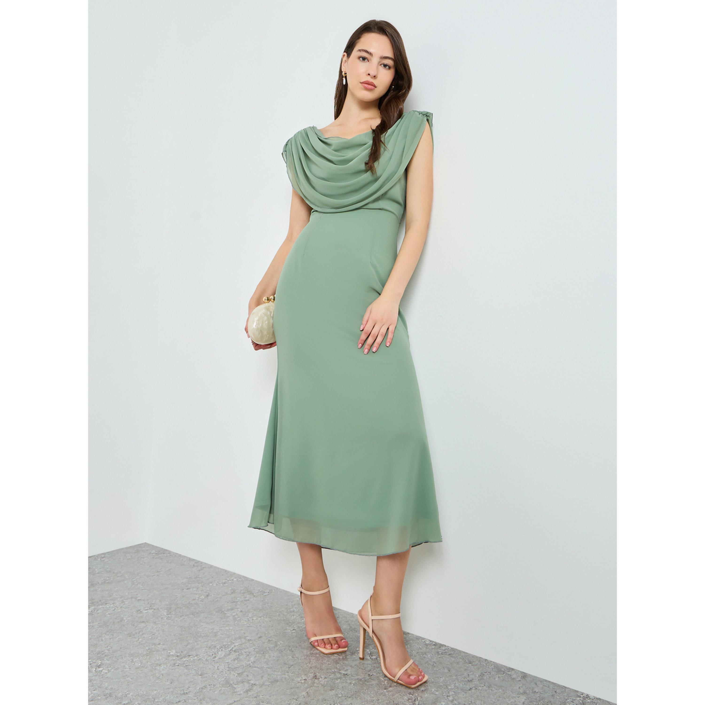 Styli Women Green Draped Cowl Neck Midi Dress-women-clothing-dresses-image-1