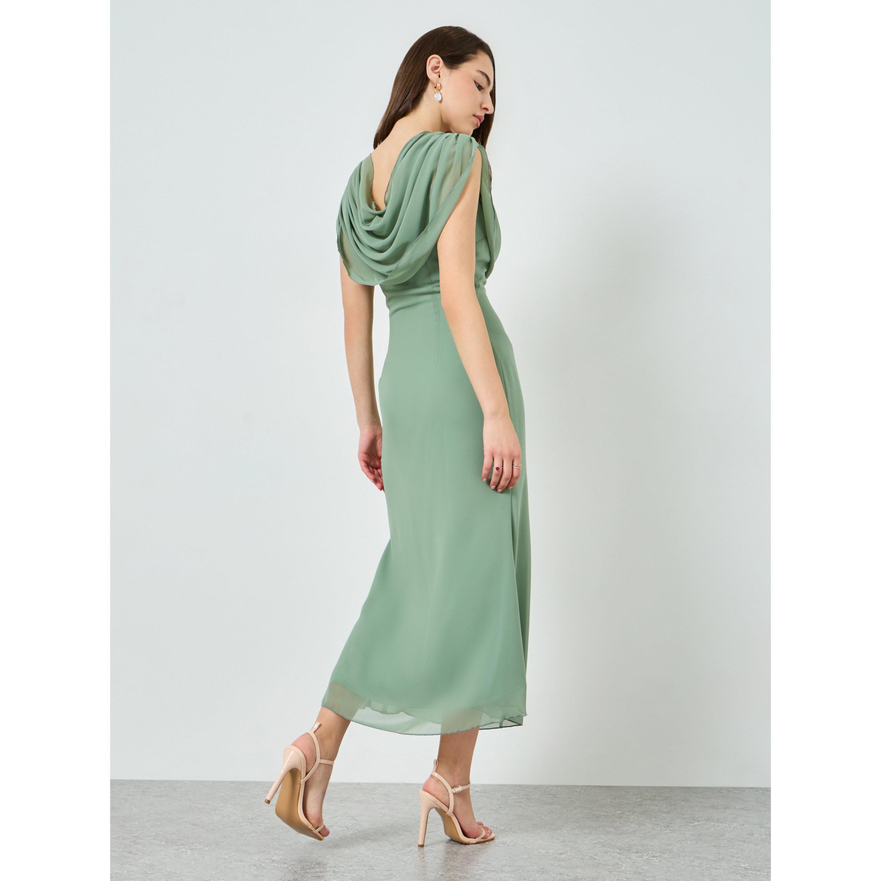 Styli Women Green Draped Cowl Neck Midi Dress-women-clothing-dresses-image-4